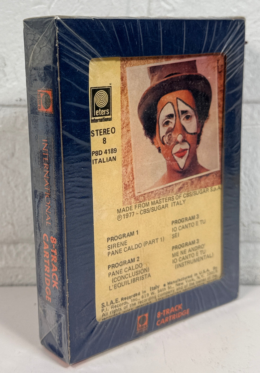 1977 Sugar Sei sealed Italian 8-track cartridge on Peters International. Rare NOS vintage stereo tape with original shrink wrap and unique cover art.