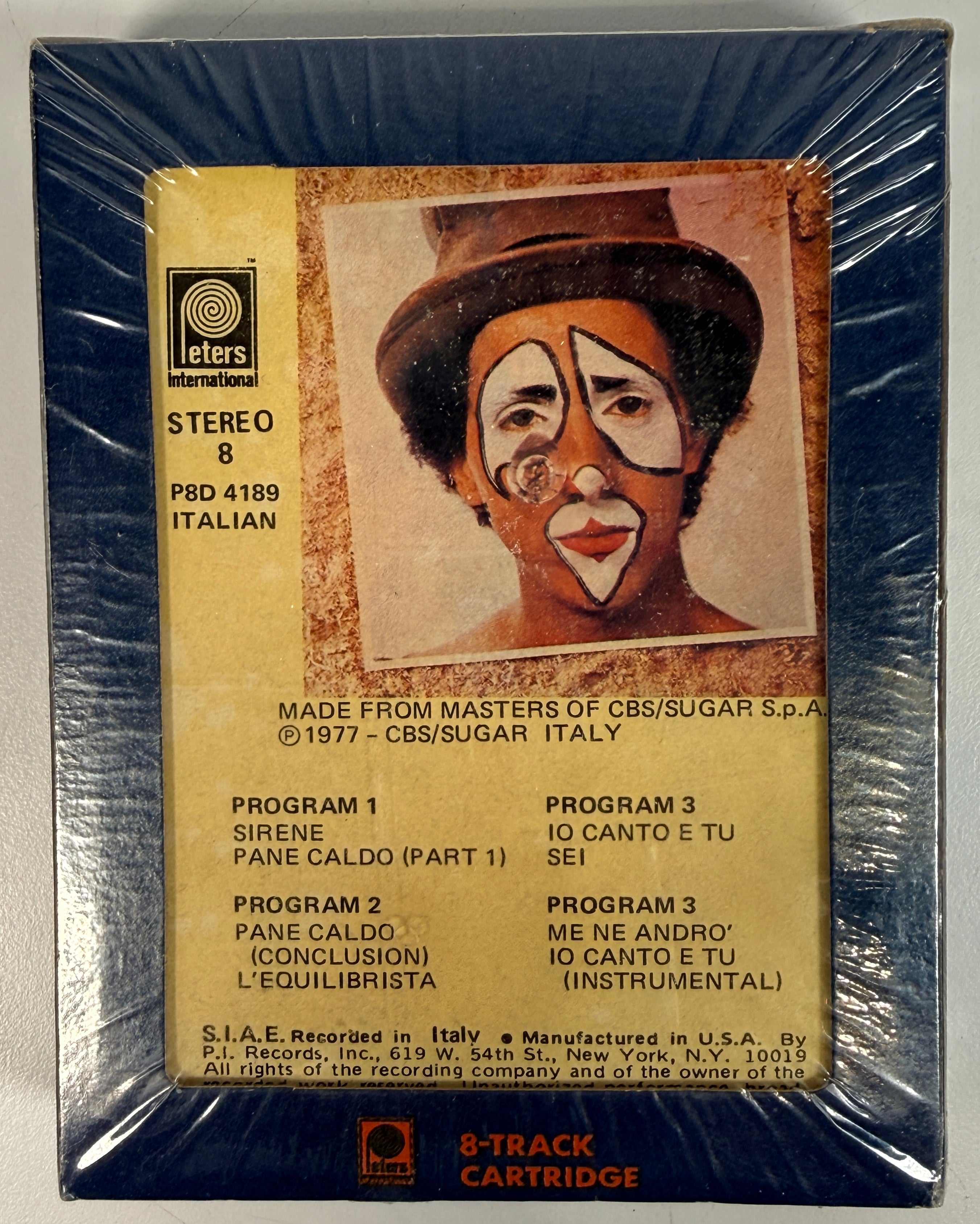 1977 Sugar Sei sealed Italian 8-track cartridge on Peters International. Rare NOS vintage stereo tape with original shrink wrap and unique cover art.