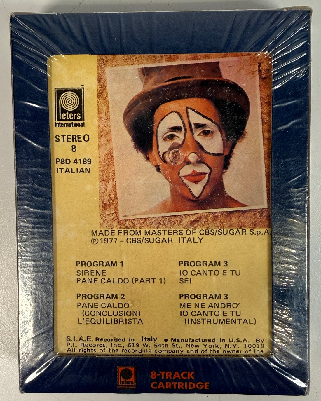 1977 Sugar Sei sealed Italian 8-track cartridge on Peters International. Rare NOS vintage stereo tape with original shrink wrap and unique cover art.