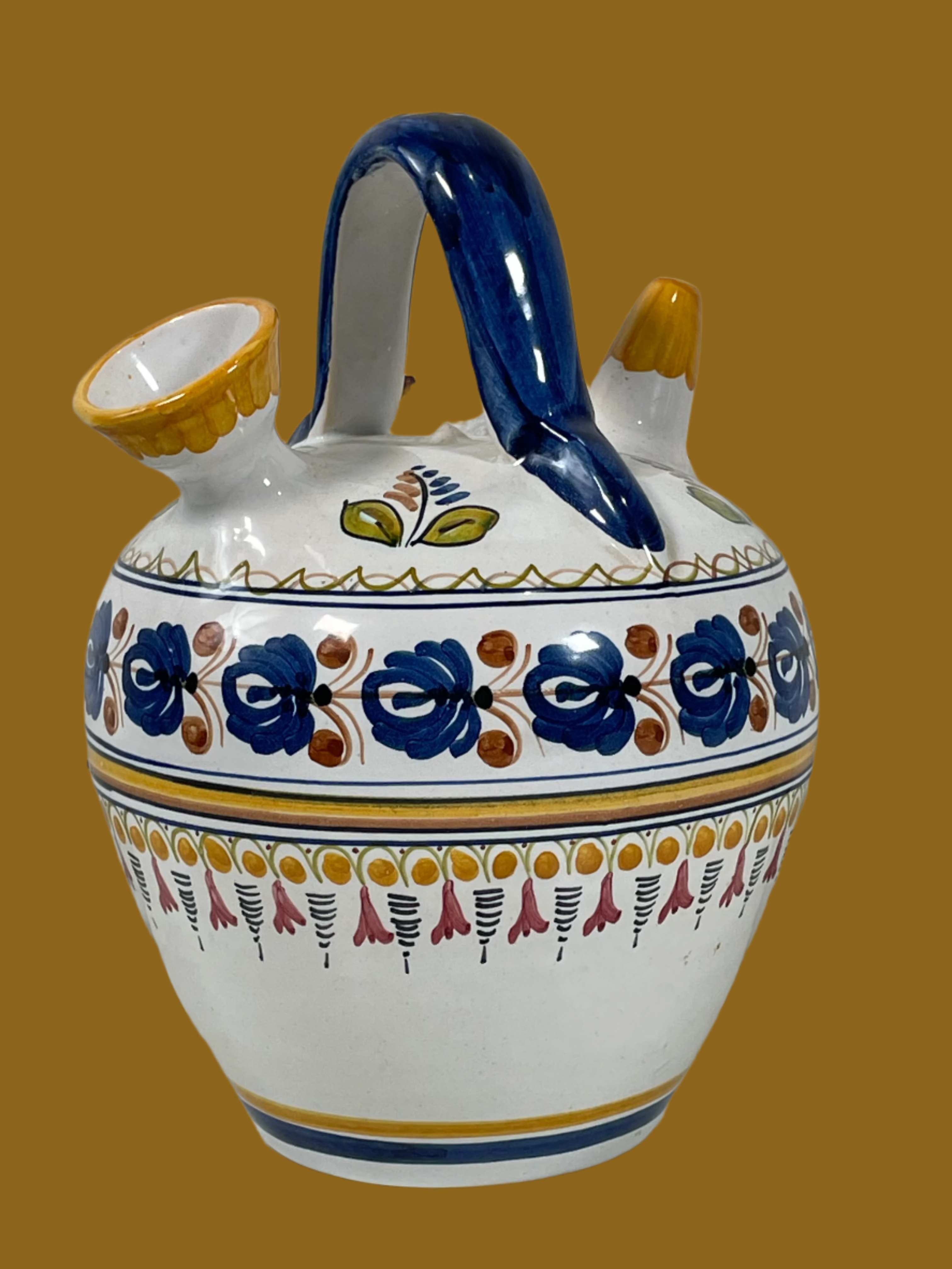 Hand-Painted Spanish Talavera Botijo Water Jug – El Carmen Pottery – Vintage Folk
