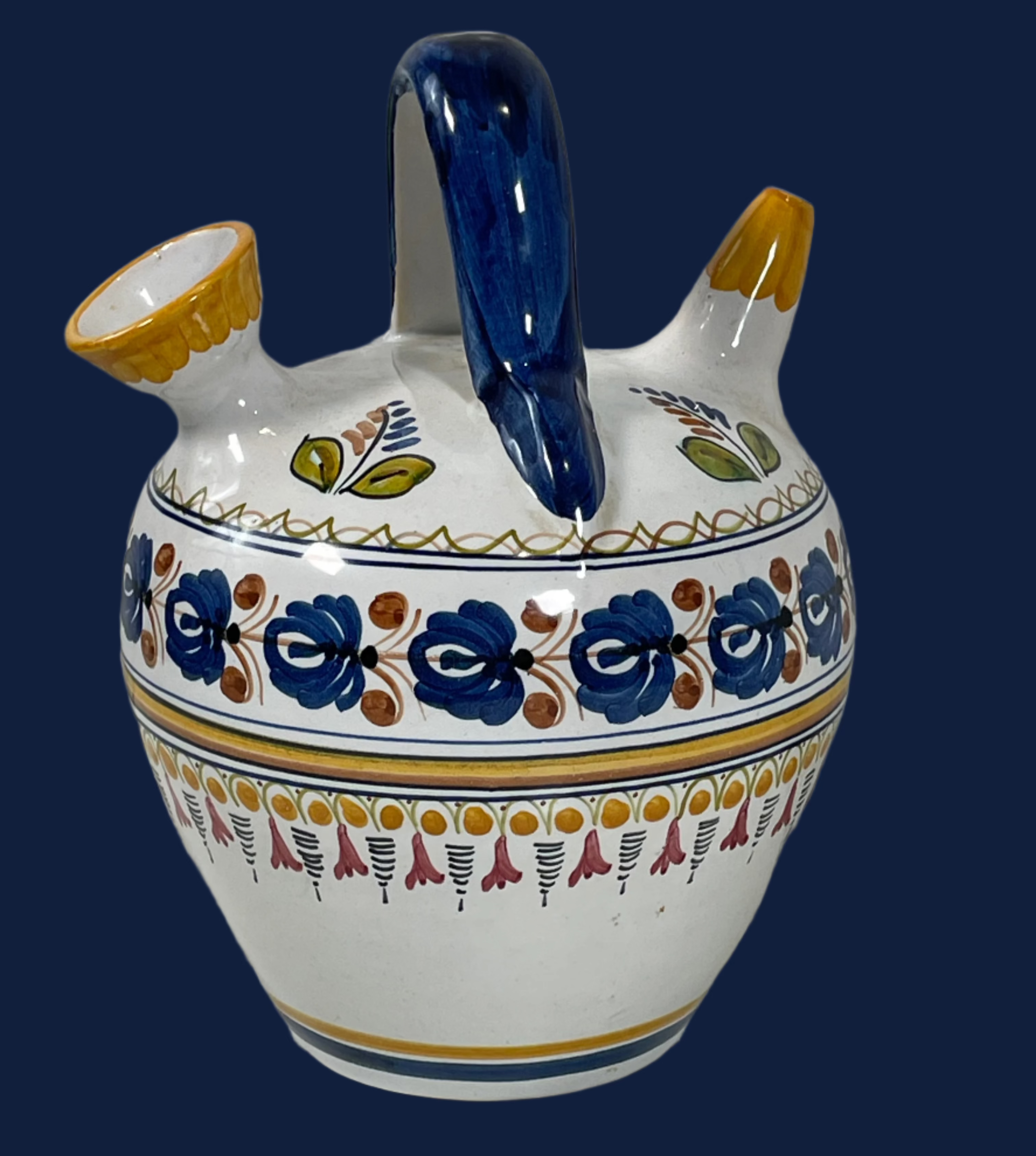 Hand-Painted Spanish Talavera Botijo Water Jug – El Carmen Pottery – Vintage Folk