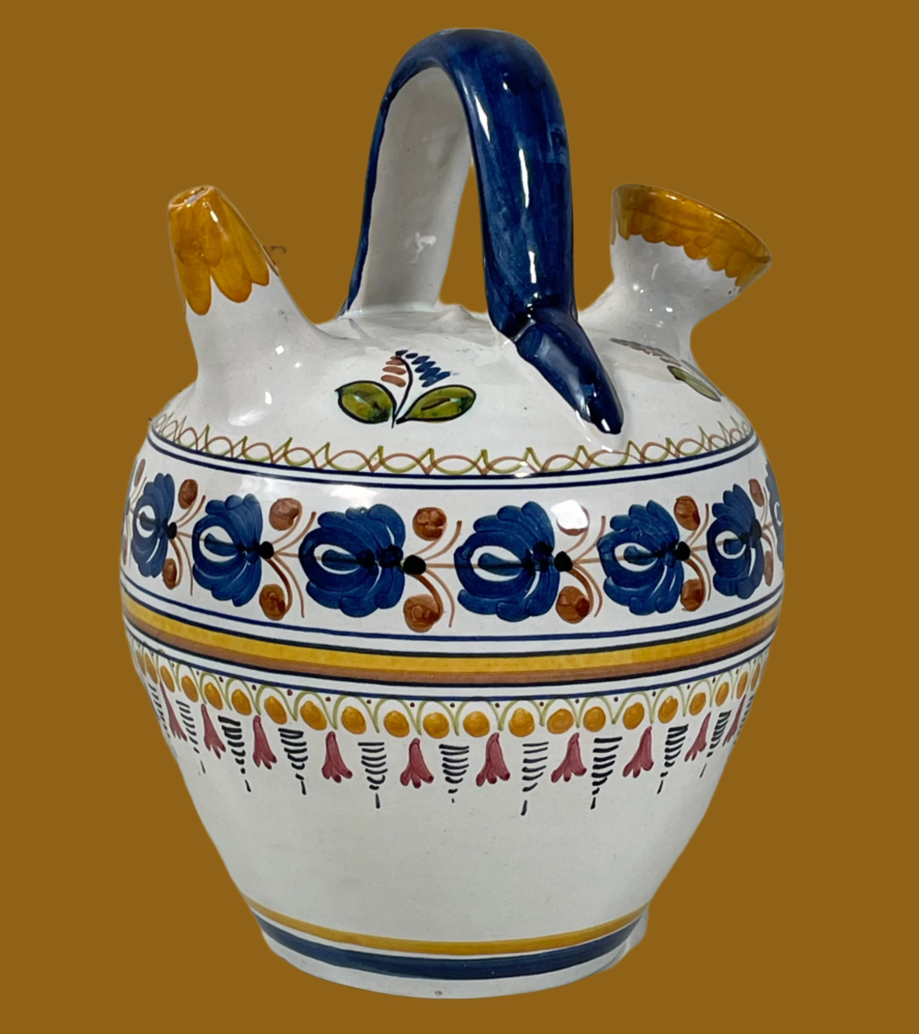 Hand-Painted Spanish Talavera Botijo Water Jug – El Carmen Pottery – Vintage Folk