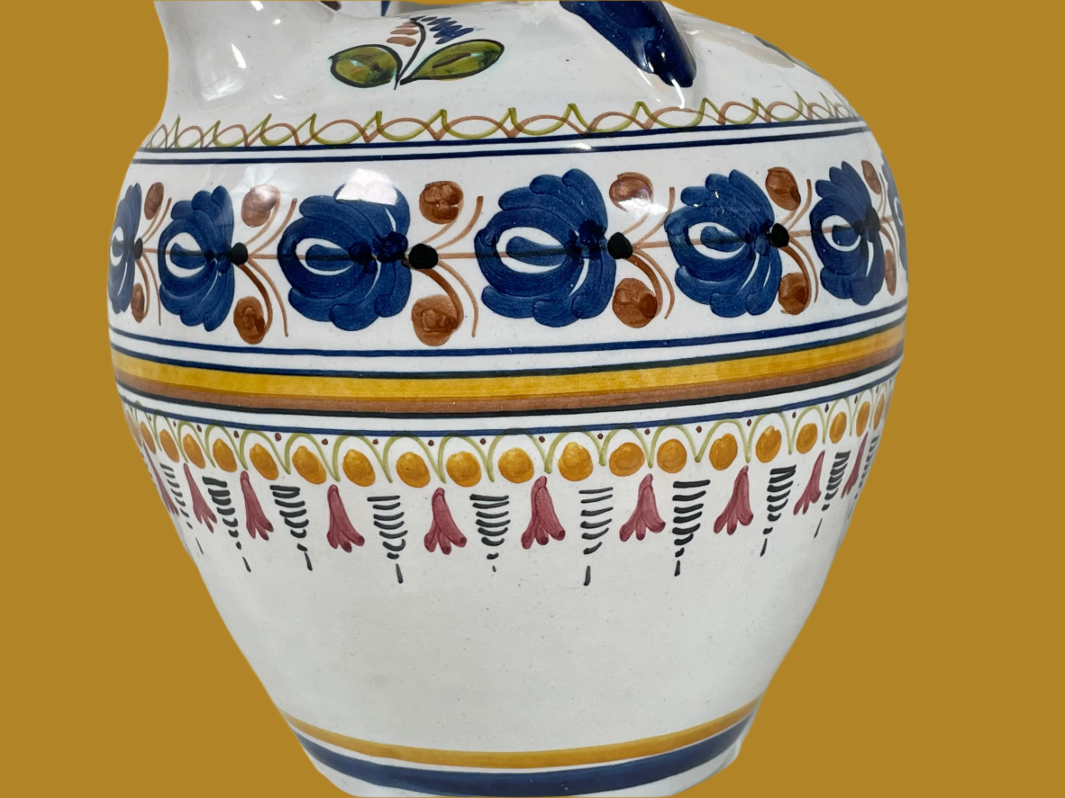 Hand-Painted Spanish Talavera Botijo Water Jug – El Carmen Pottery – Vintage Folk