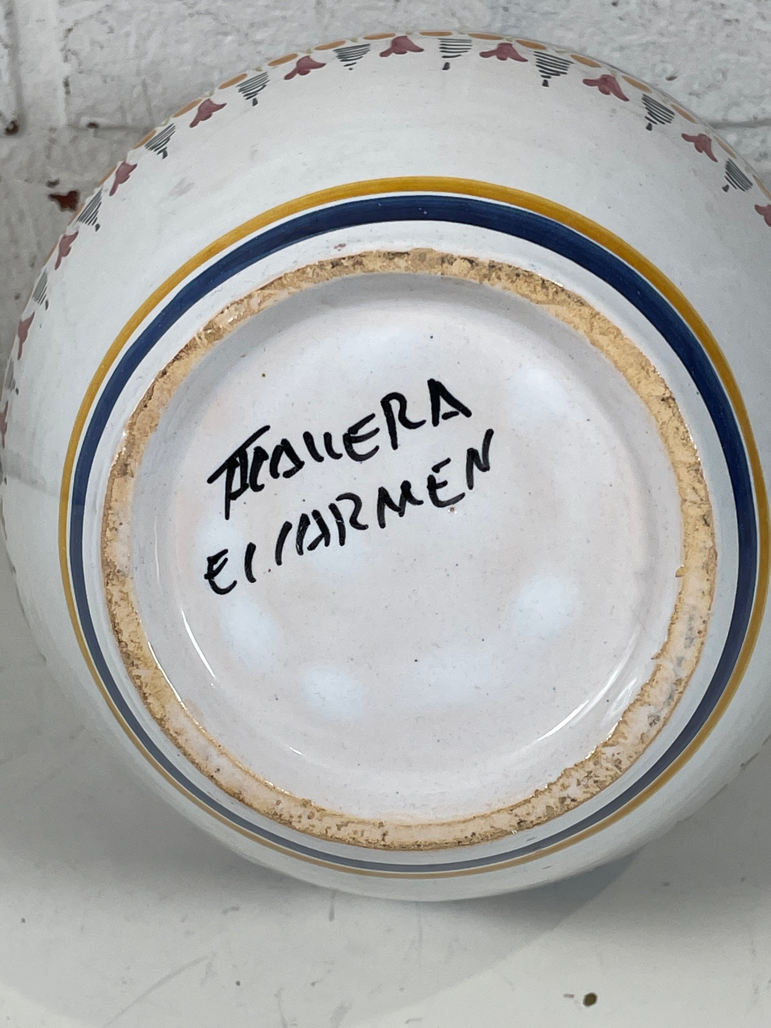 Hand-Painted Spanish Talavera Botijo Water Jug – El Carmen Pottery – Vintage Folk