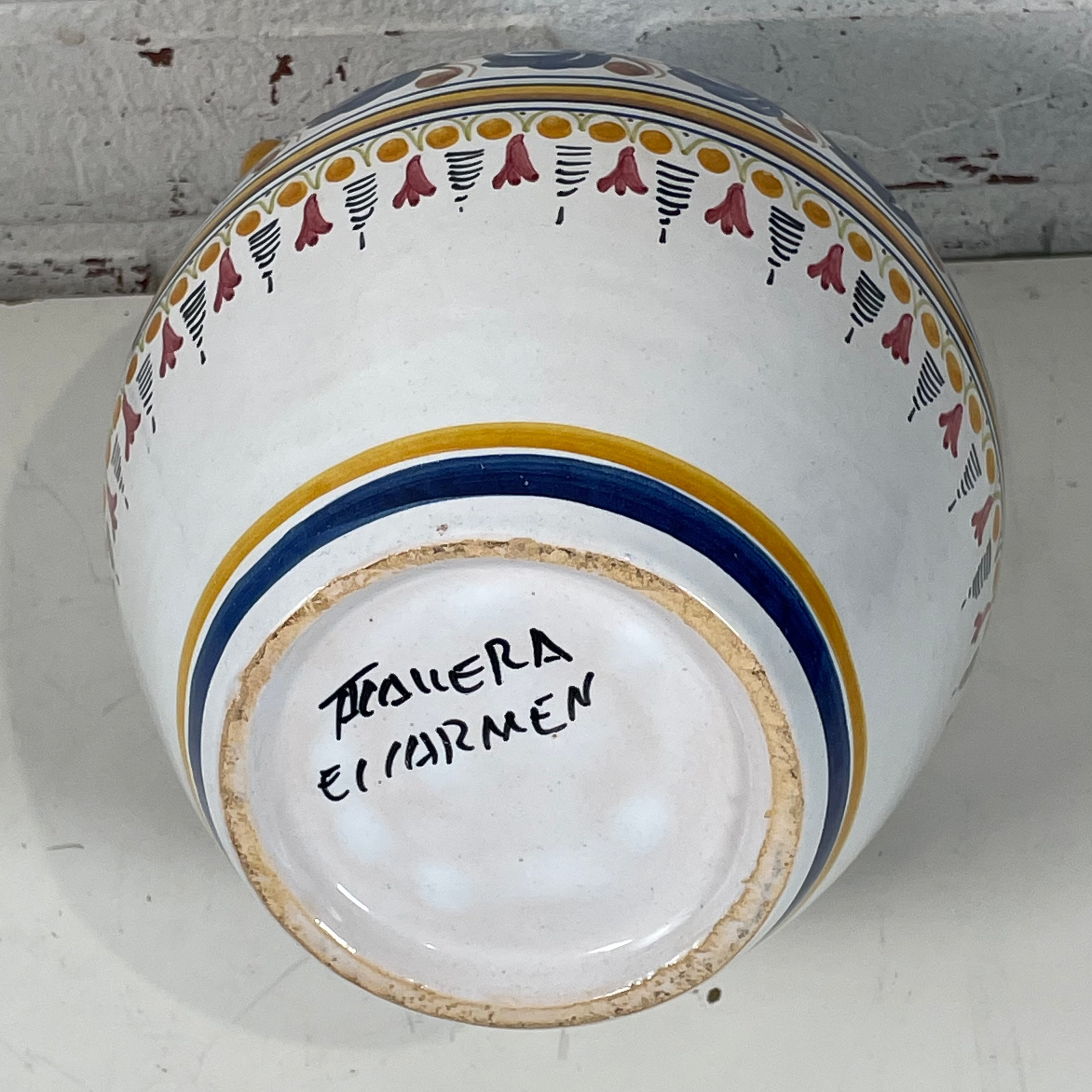 Hand-Painted Spanish Talavera Botijo Water Jug – El Carmen Pottery – Vintage Folk