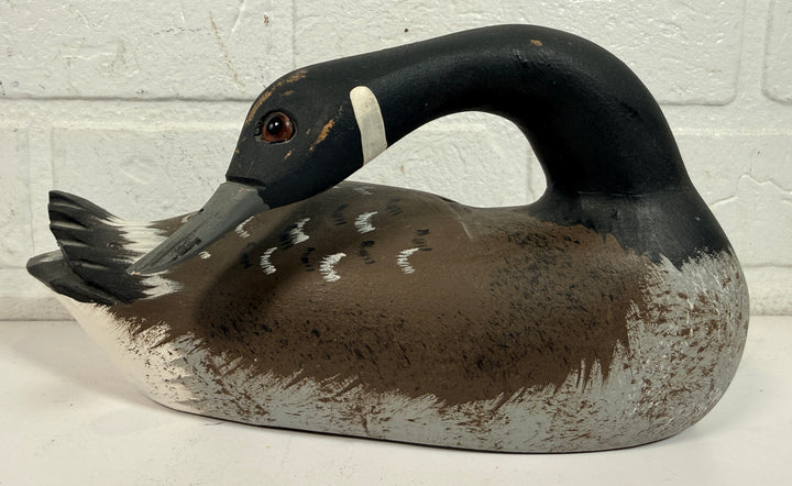Vintage Canadian goose decoy sculpture signed J. Tremblay Canada. Hand-carved wood folk art bird with glass eyes and original label. Great cabin décor.