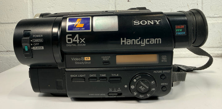 Sony CCD-TR87 Handycam Video8 XR camcorder with charger and battery. Untested vintage Sony camera sold as-is for repair, display or tape transfer use.