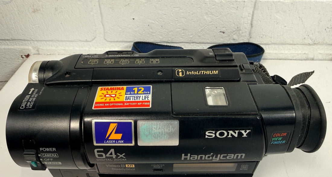 Sony CCD-TR87 Handycam Video8 XR camcorder with charger and battery. Untested vintage Sony camera sold as-is for repair, display or tape transfer use.