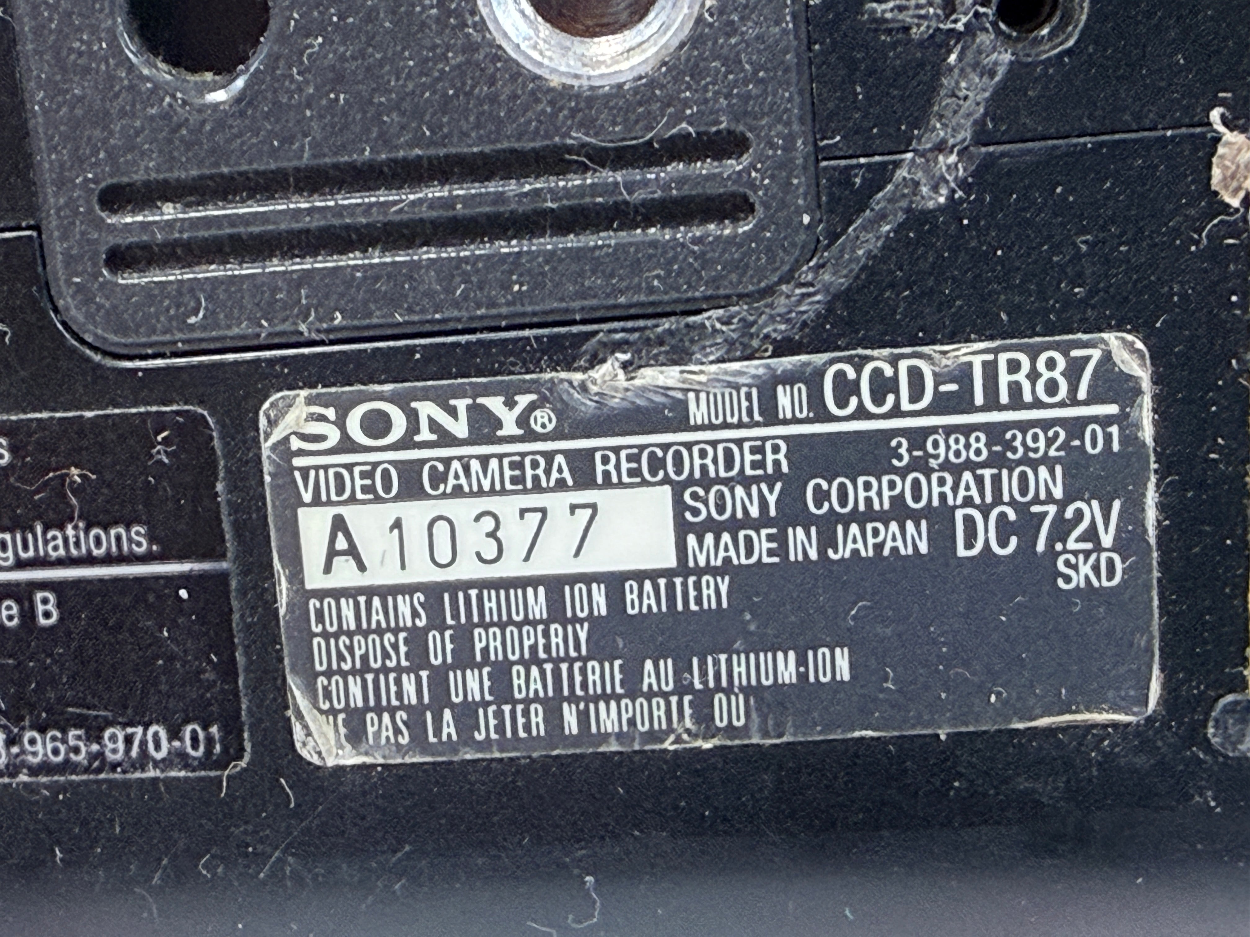 Sony CCD-TR87 Handycam Video8 XR camcorder with charger and battery. Untested vintage Sony camera sold as-is for repair, display or tape transfer use.