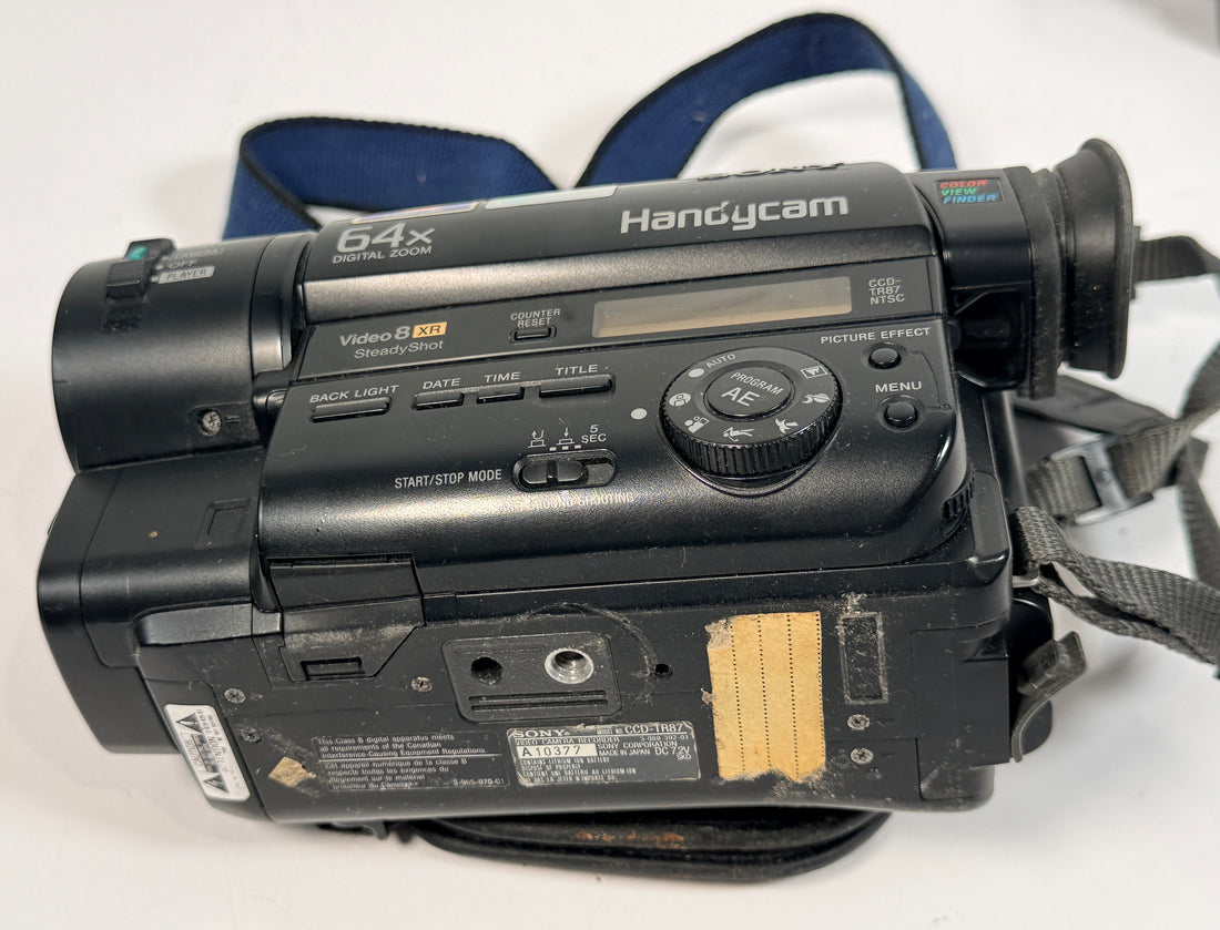 Sony CCD-TR87 Handycam Video8 XR camcorder with charger and battery. Untested vintage Sony camera sold as-is for repair, display or tape transfer use.