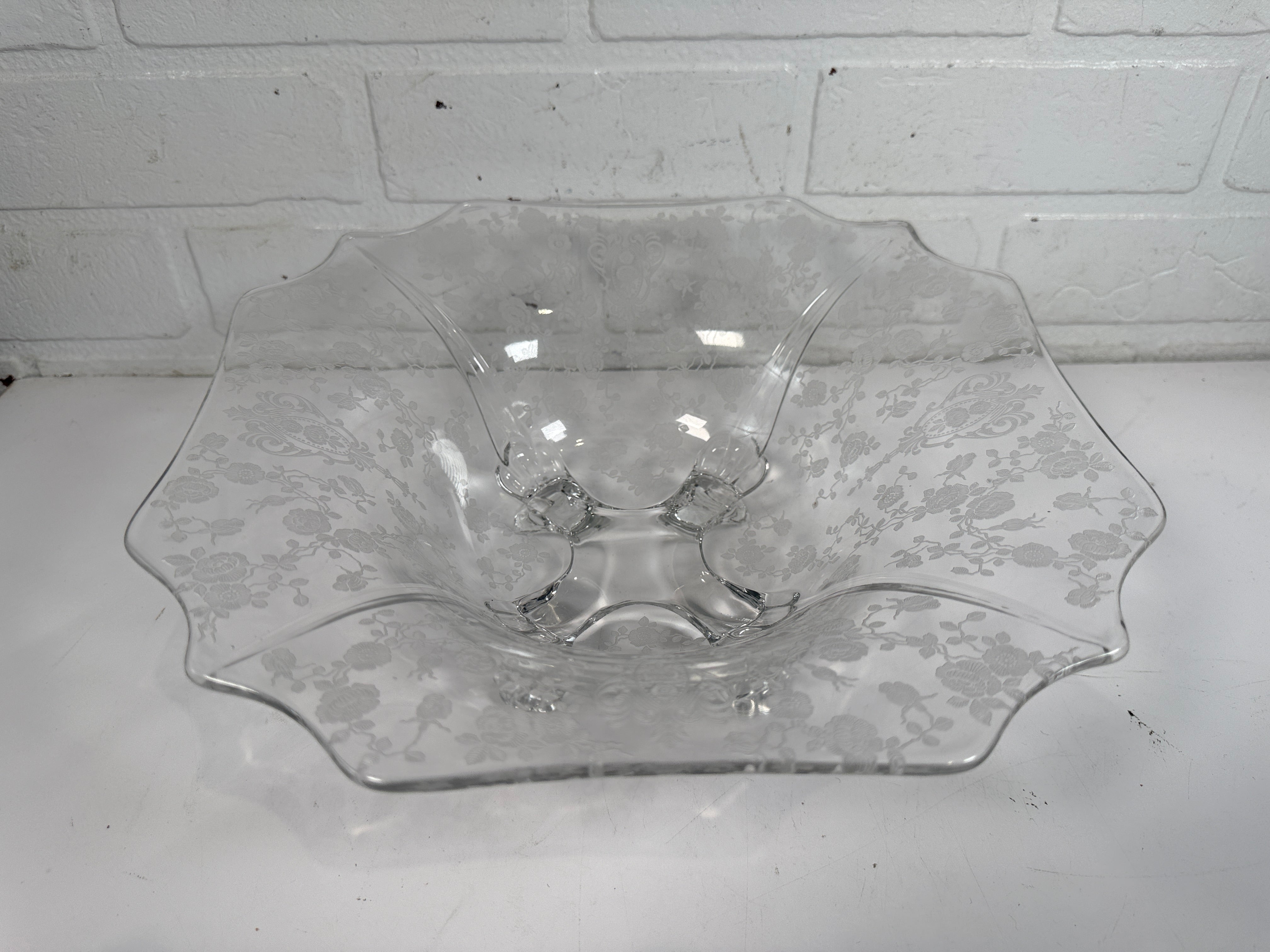 Cambridge Glass Style , Footed Bowl, Diane Etch, Clear 11.5 In.