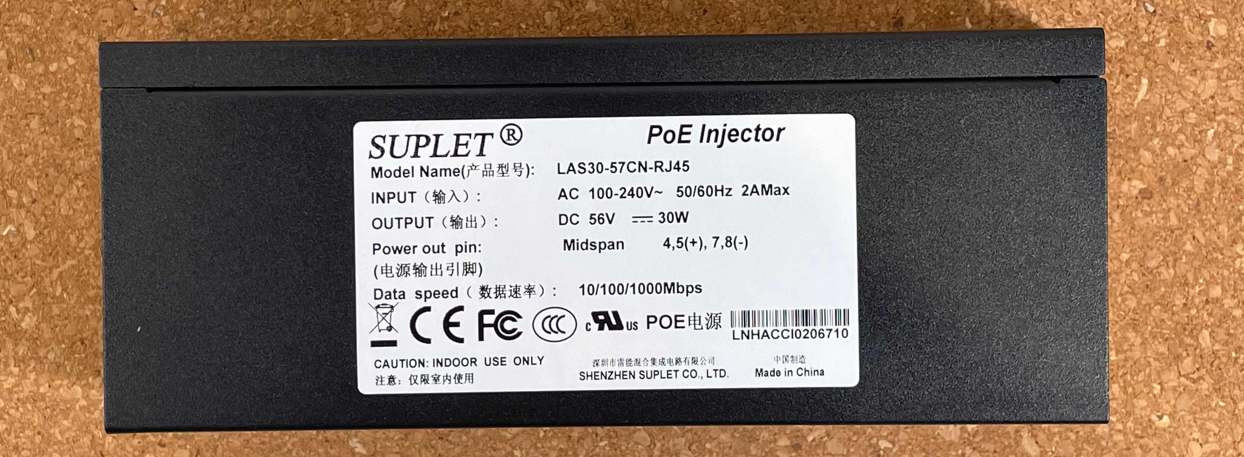 SUPLET LAS30-57CN-RJ45 PoE Injector – 30W Gigabit Midspan , IEEE 802.3at PoE+