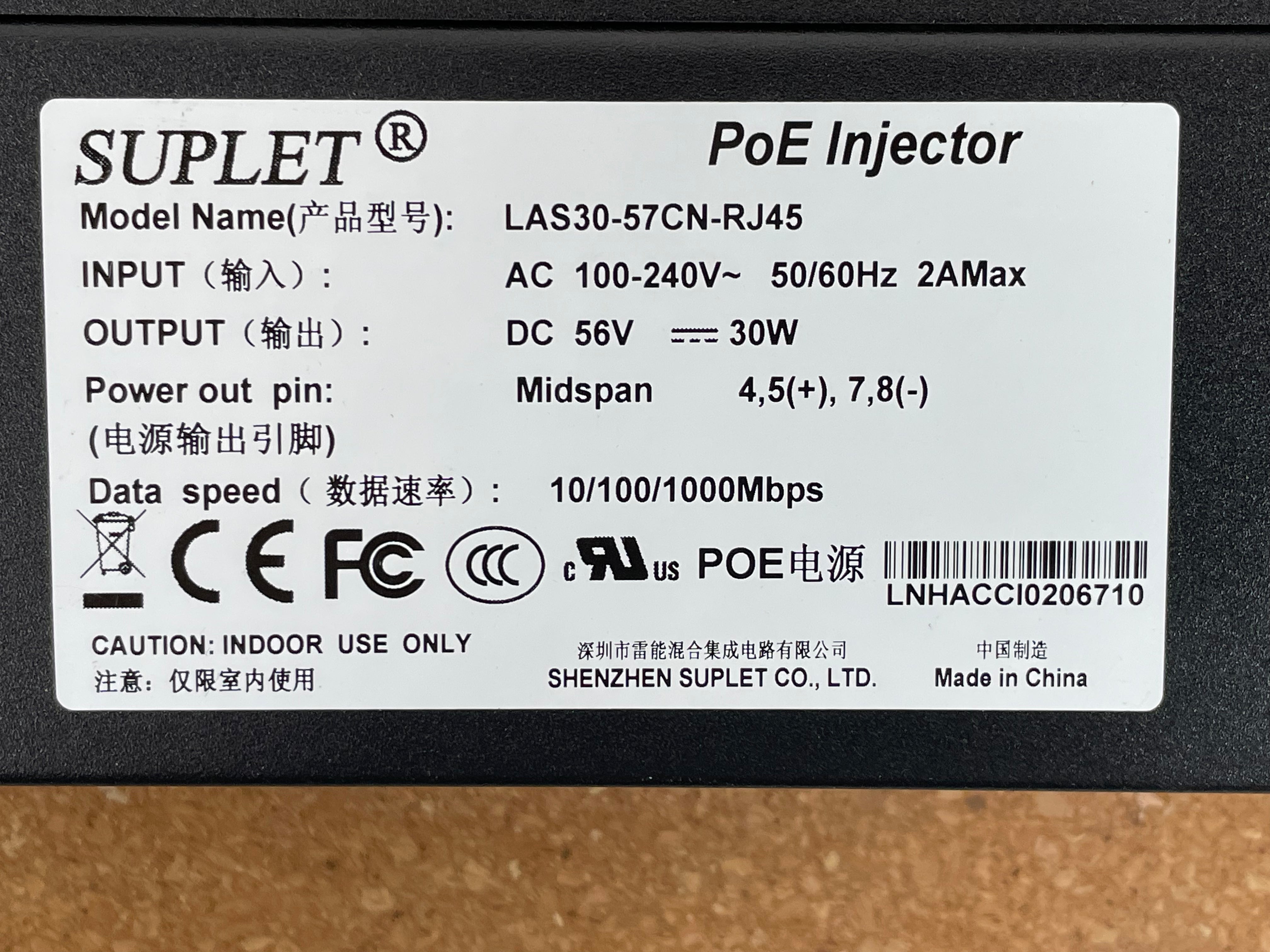 SUPLET LAS30-57CN-RJ45 PoE Injector – 30W Gigabit Midspan , IEEE 802.3at PoE+