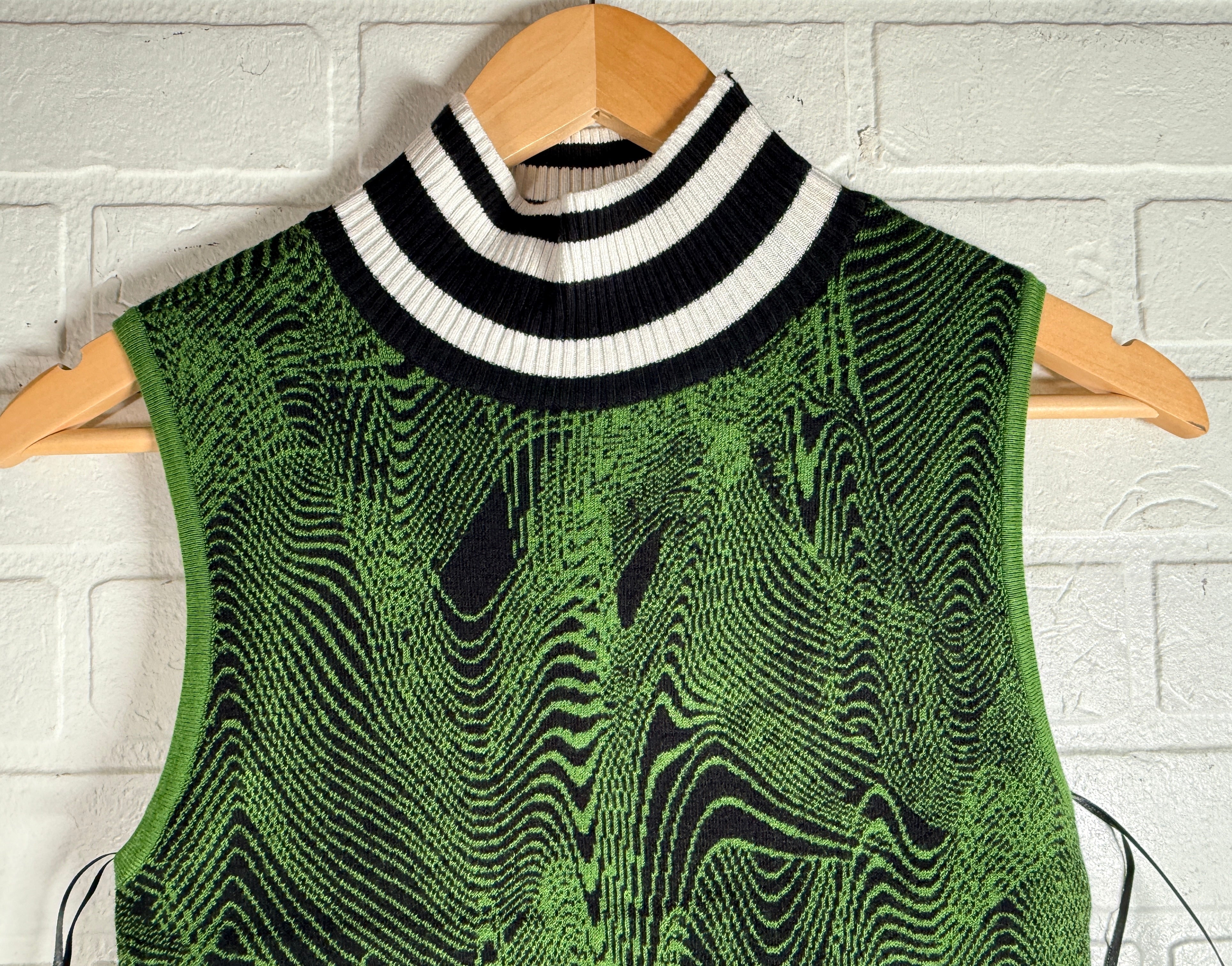 Guess Iris Jacquard sweater dress in green black optical knit. Sleeveless bodycon mock neck style, new with tags, size medium statement fashion piece.