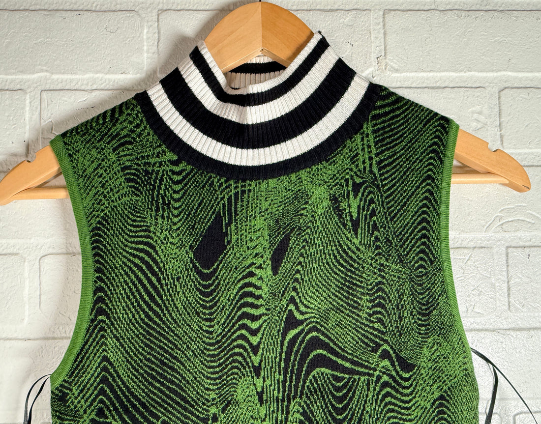 Guess Iris Jacquard sweater dress in green black optical knit. Sleeveless bodycon mock neck style, new with tags, size medium statement fashion piece.