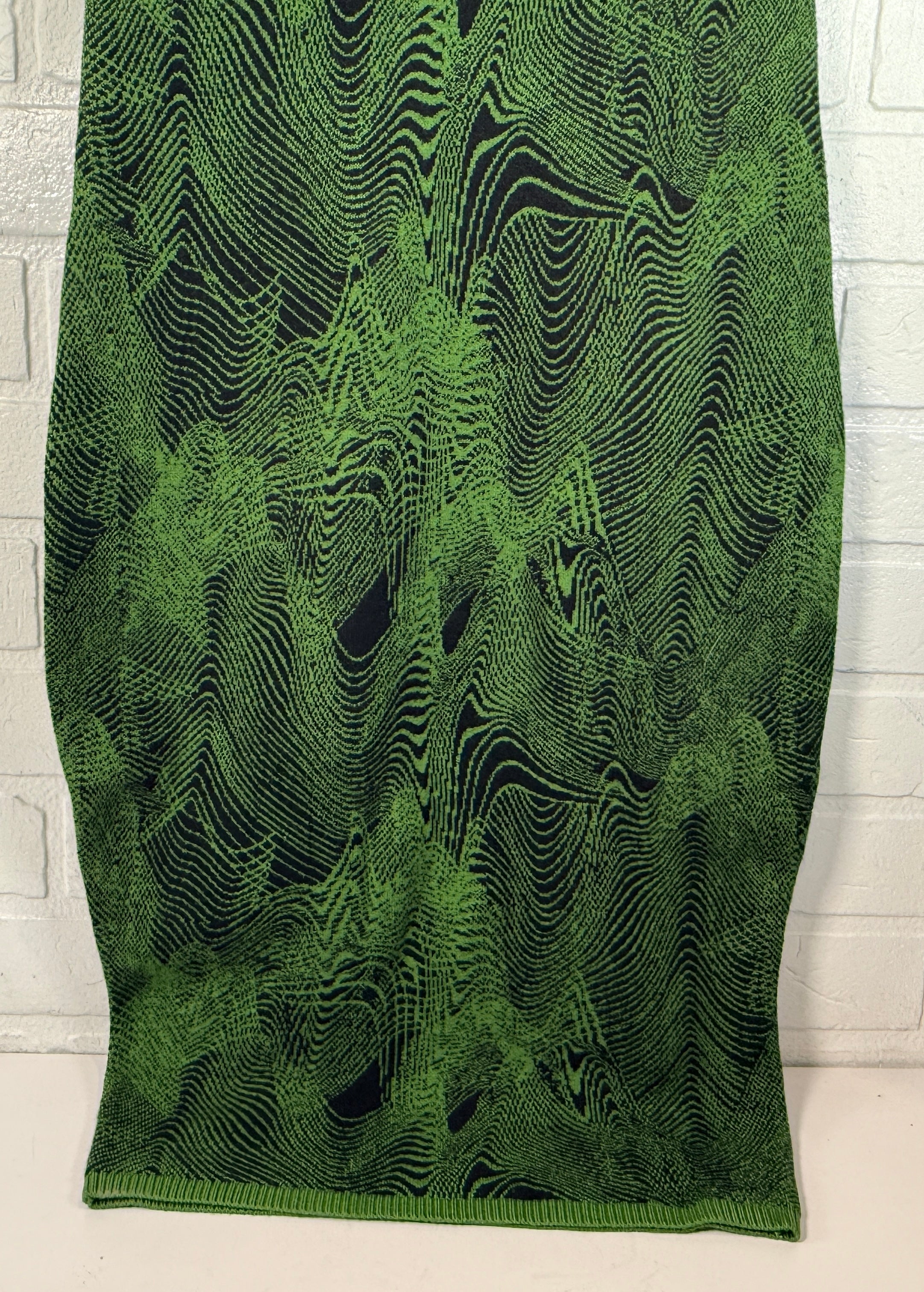 Guess Iris Jacquard sweater dress in green black optical knit. Sleeveless bodycon mock neck style, new with tags, size medium statement fashion piece.