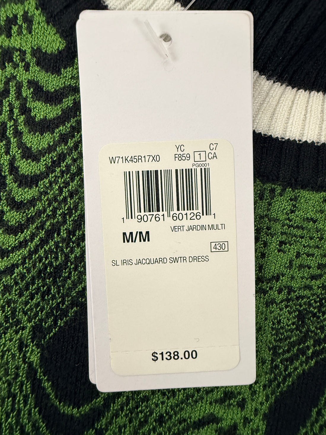 Guess Iris Jacquard sweater dress in green black optical knit. Sleeveless bodycon mock neck style, new with tags, size medium statement fashion piece.
