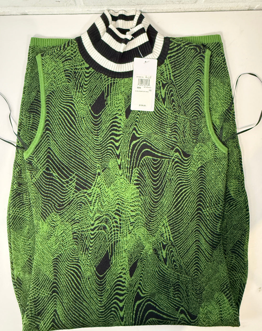Guess Iris Jacquard sweater dress in green black optical knit. Sleeveless bodycon mock neck style, new with tags, size medium statement fashion piece.