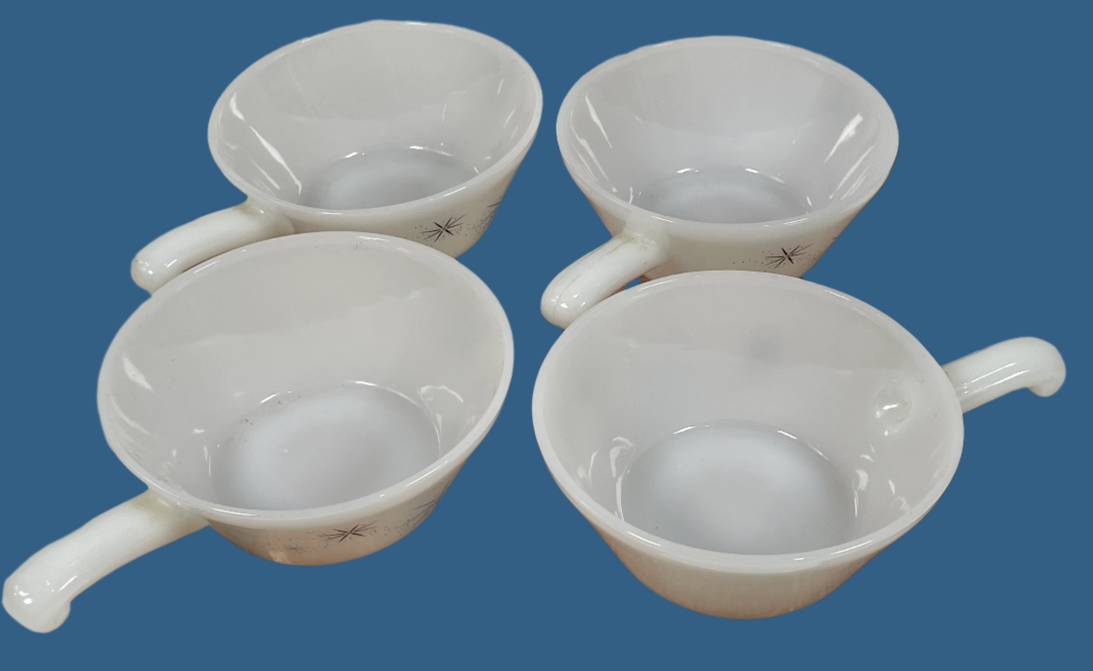 Vintage Fire-King Milk Glass Soup Bowls – Atomic Starburst Blue Heaven – Set of 4