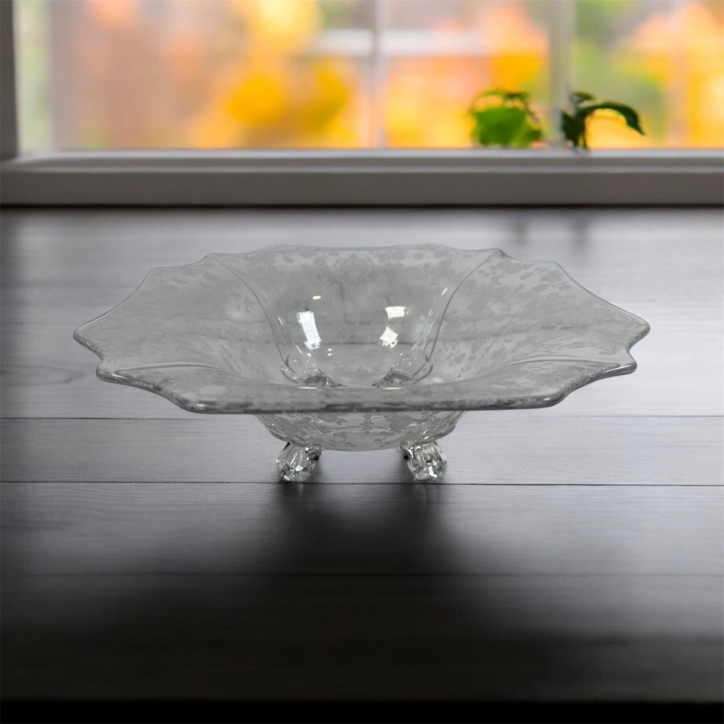 Vintage Cambridge Glass style clear footed bowl with Diane style etch 11.5 inch elegant centerpiece serving dish.