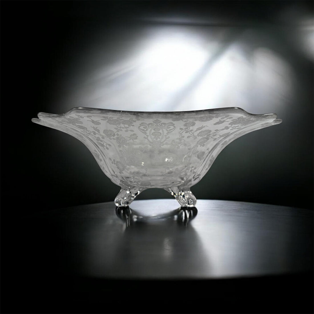 Vintage Cambridge Glass style clear footed bowl with Diane style etch 11.5 inch elegant centerpiece serving dish.