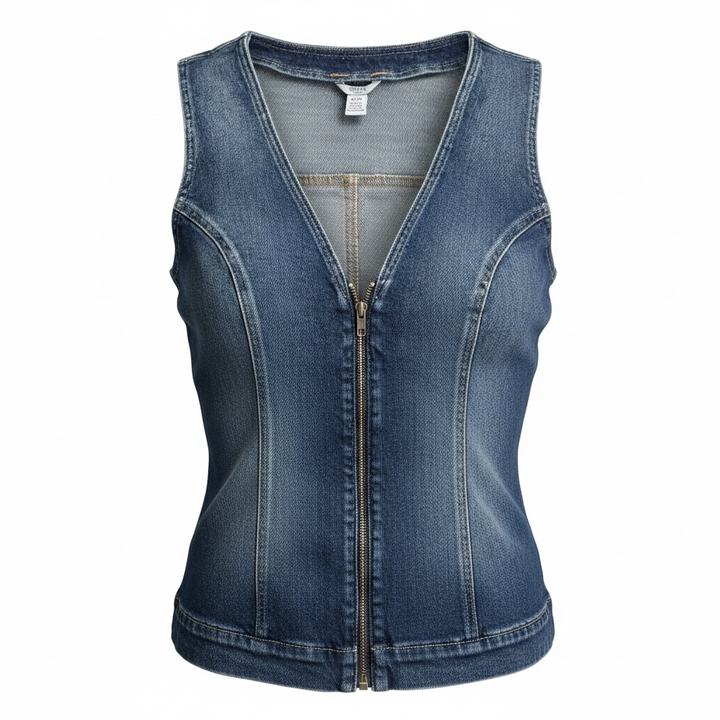 Guess Jennifer Lopez denim romper new with tags. Raw edge dark wash zip front shorts jumpsuit in medium size. Trendy Y2K style fashion piece.