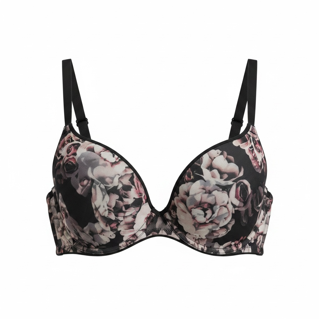 Women’s black floral push up bra size 34C new with tags. Botanical rose print padded cups adjustable straps stylish everyday lingerie.