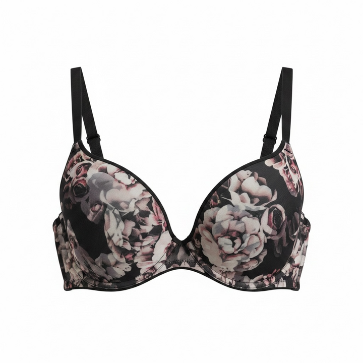 Women’s black floral push up bra size 34C new with tags. Botanical rose print padded cups adjustable straps stylish everyday lingerie.
