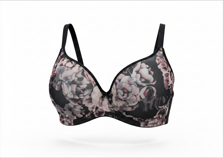Women’s black floral push up bra size 34C new with tags. Botanical rose print padded cups adjustable straps stylish everyday lingerie.
