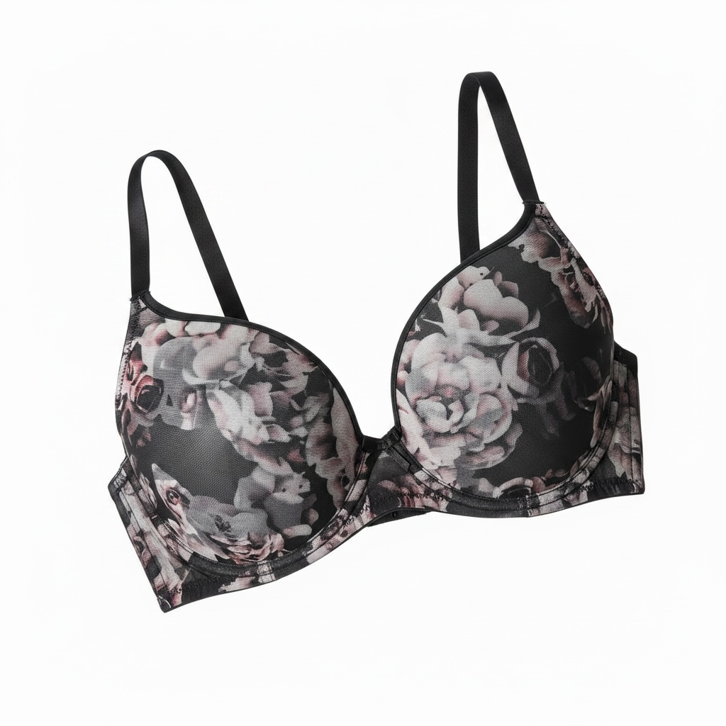 Women’s black floral push up bra size 34C new with tags. Botanical rose print padded cups adjustable straps stylish everyday lingerie.