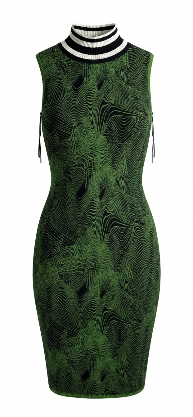 Guess Iris Jacquard sweater dress in green black optical knit. Sleeveless bodycon mock neck style, new with tags, size medium statement fashion piece.