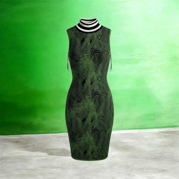 Guess Iris Jacquard sweater dress in green black optical knit. Sleeveless bodycon mock neck style, new with tags, size medium statement fashion piece.