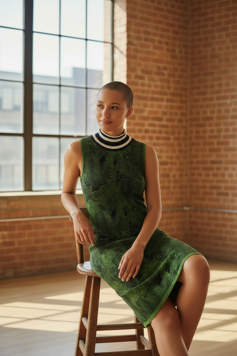 Guess Iris Jacquard sweater dress in green black optical knit. Sleeveless bodycon mock neck style, new with tags, size medium statement fashion piece.