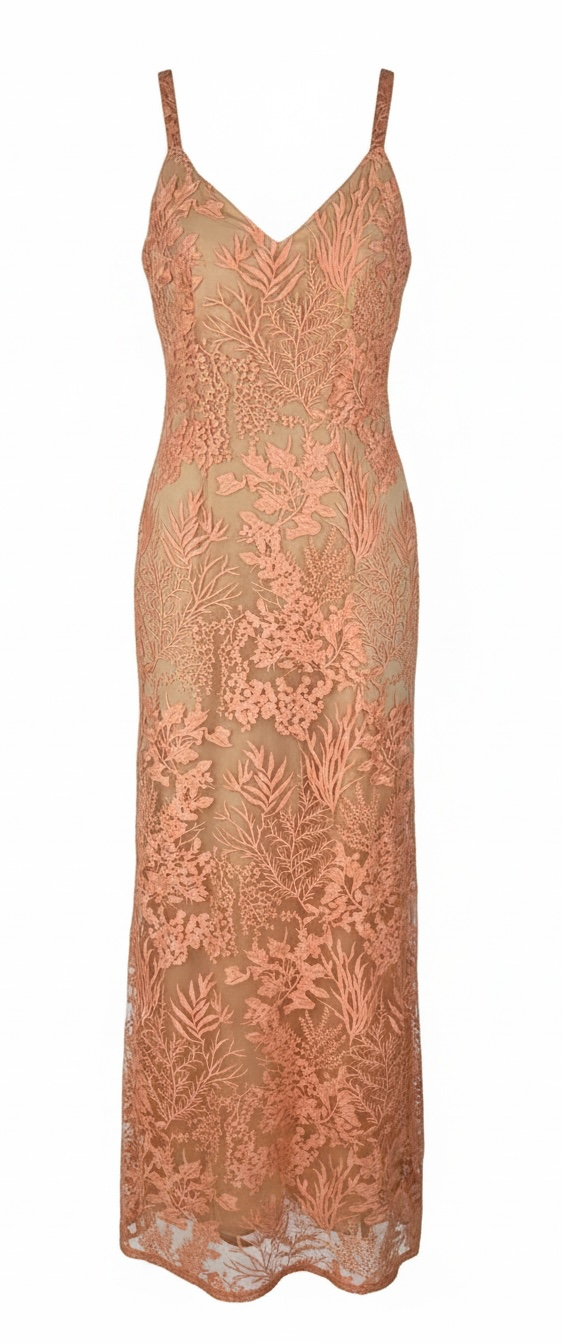 Marciano Kailey Dress size 8 in coral pink embroidered lace. Elegant formal gown with tags, fitted silhouette and sheer floral overlay.