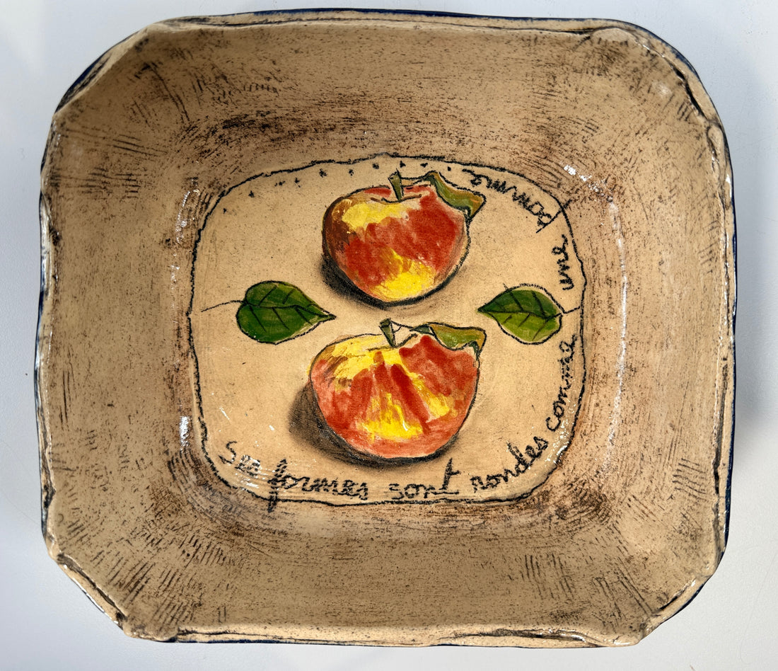Signed studio pottery apple bowl with rustic farmhouse style, hand-painted ceramic fruit bowl, decorative artisan serving dish.