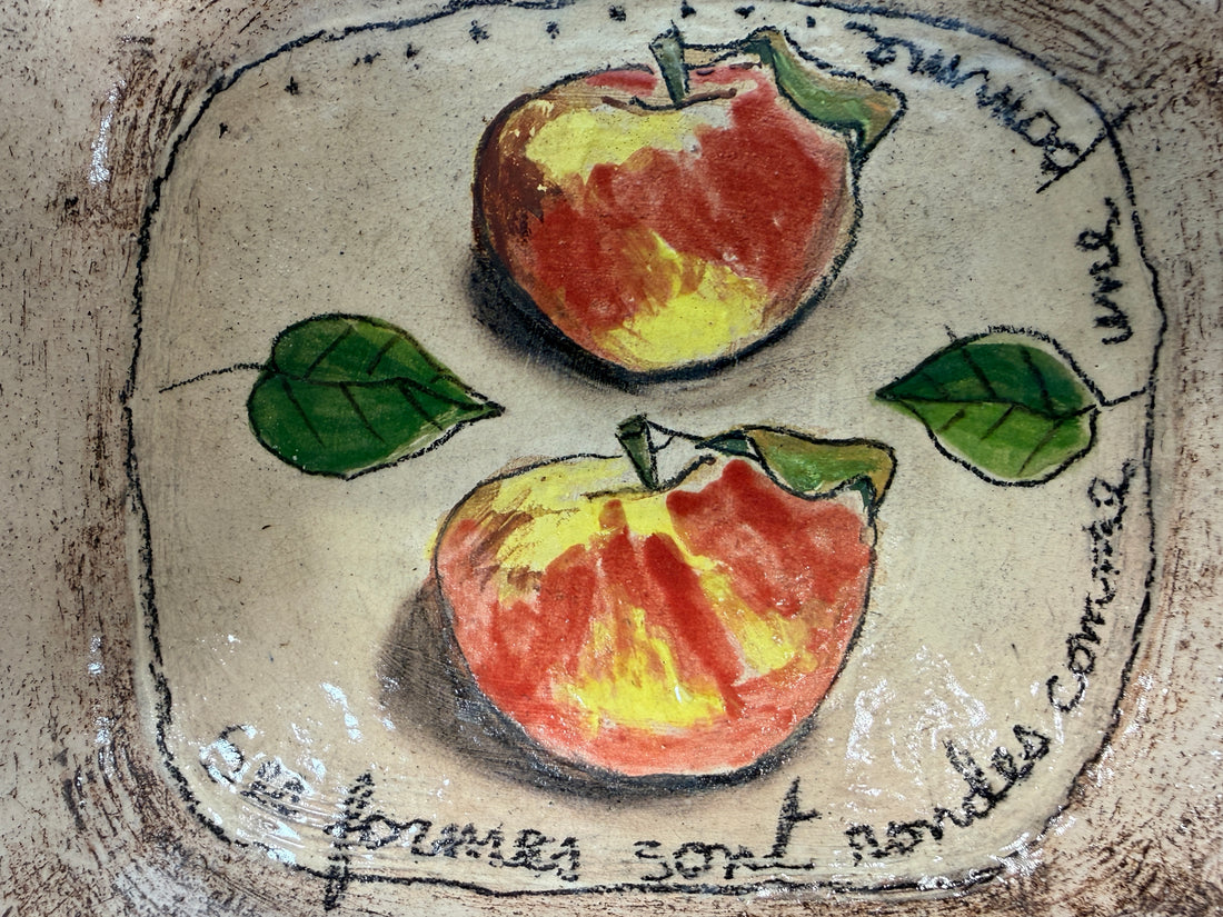 Signed studio pottery apple bowl with rustic farmhouse style, hand-painted ceramic fruit bowl, decorative artisan serving dish.