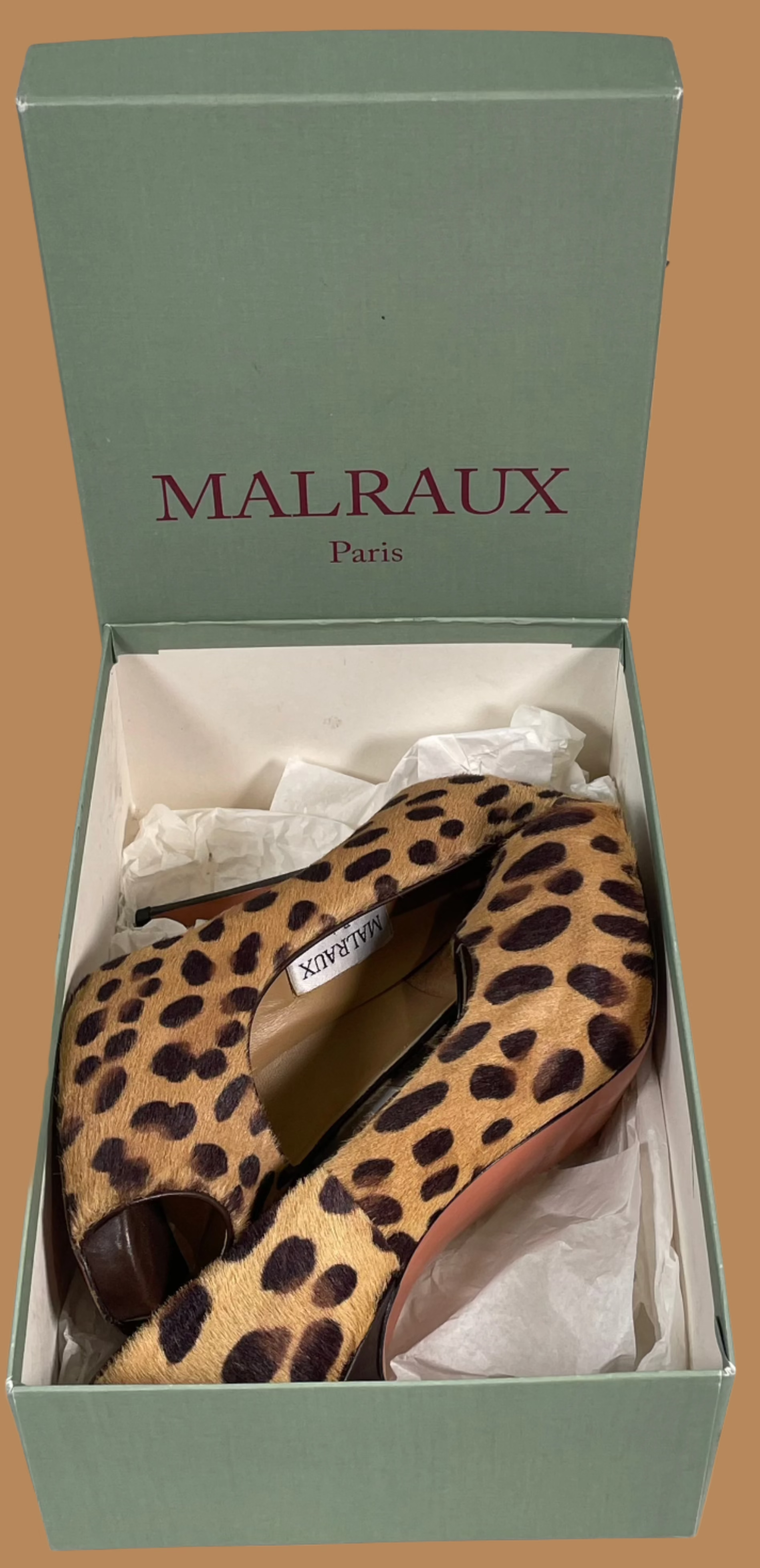 Escarpins ouverts Malraux Paris en poil de poney léopard | Fabriqués en Italie | Pointure 37,5 (UE) / 7,5 (US)