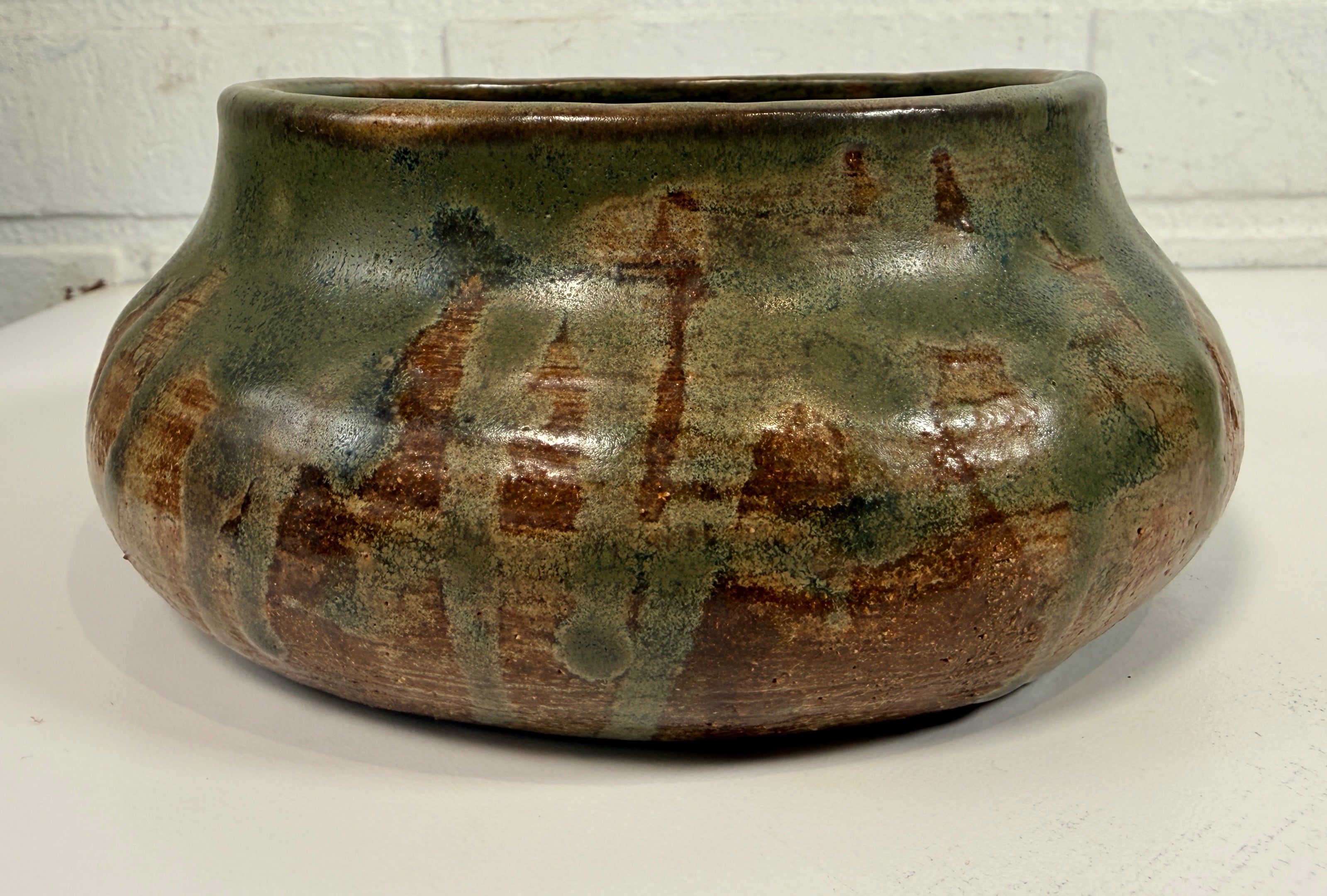 Vintage Yolande Morin studio pottery bowl with olive glaze. Signed handmade Canadian ceramic centerpiece with mid-century style.