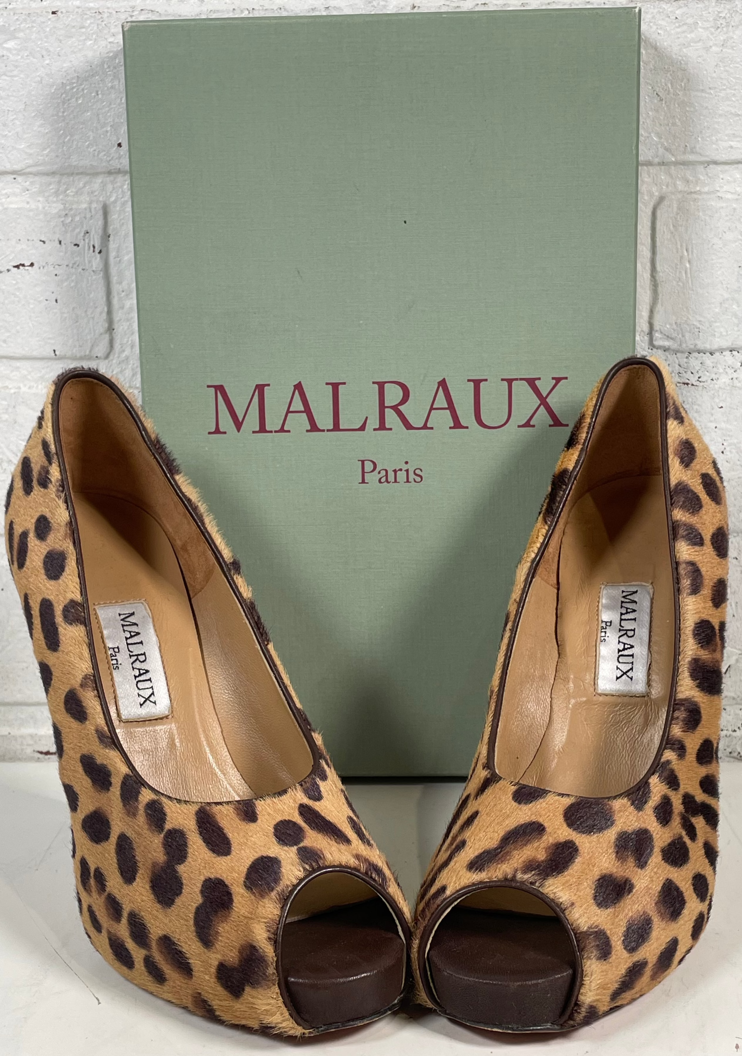 Escarpins ouverts Malraux Paris en poil de poney léopard | Fabriqués en Italie | Pointure 37,5 (UE) / 7,5 (US)