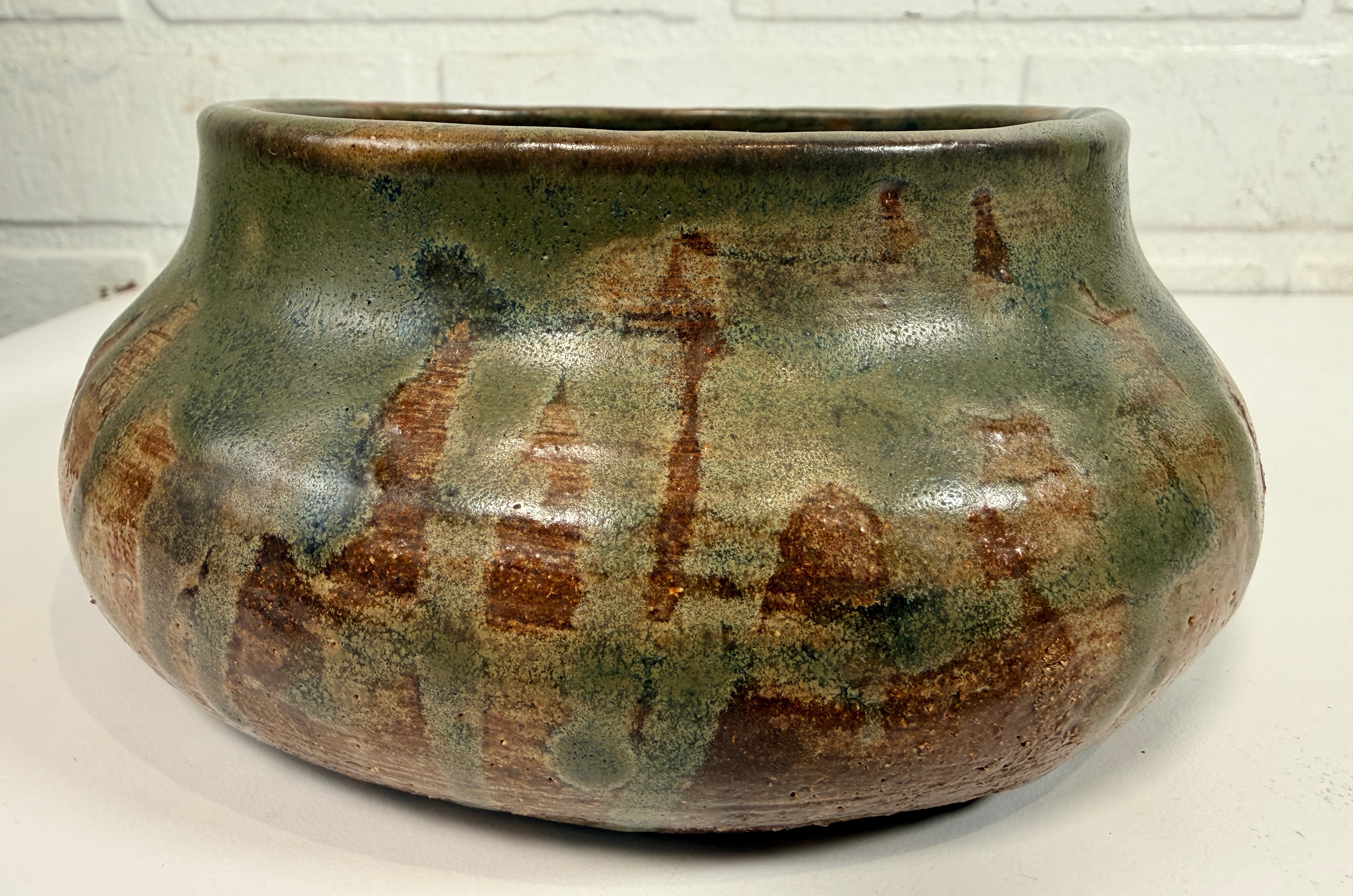 Vintage Yolande Morin studio pottery bowl with olive glaze. Signed handmade Canadian ceramic centerpiece with mid-century style.