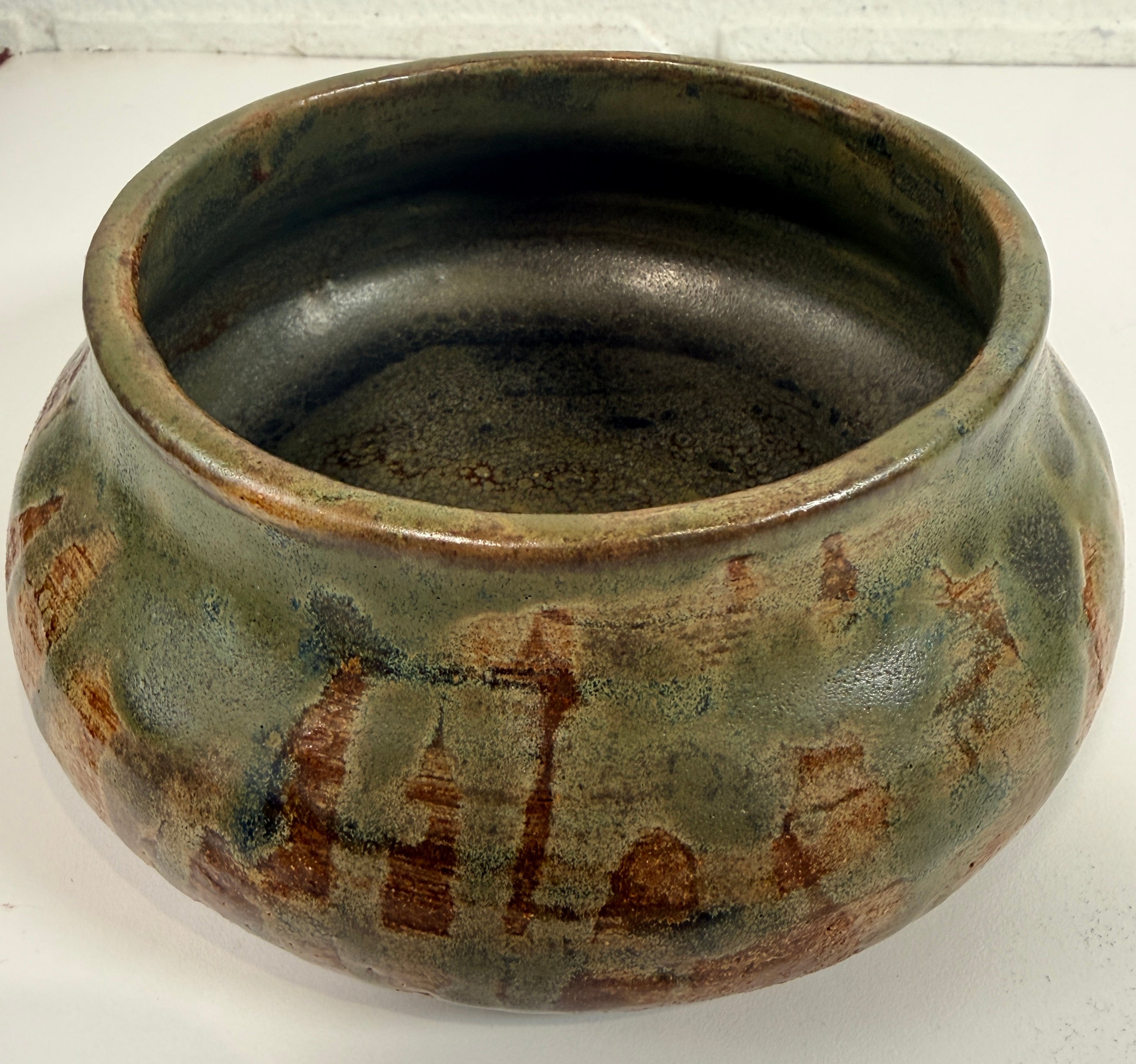 Vintage Yolande Morin studio pottery bowl with olive glaze. Signed handmade Canadian ceramic centerpiece with mid-century style.