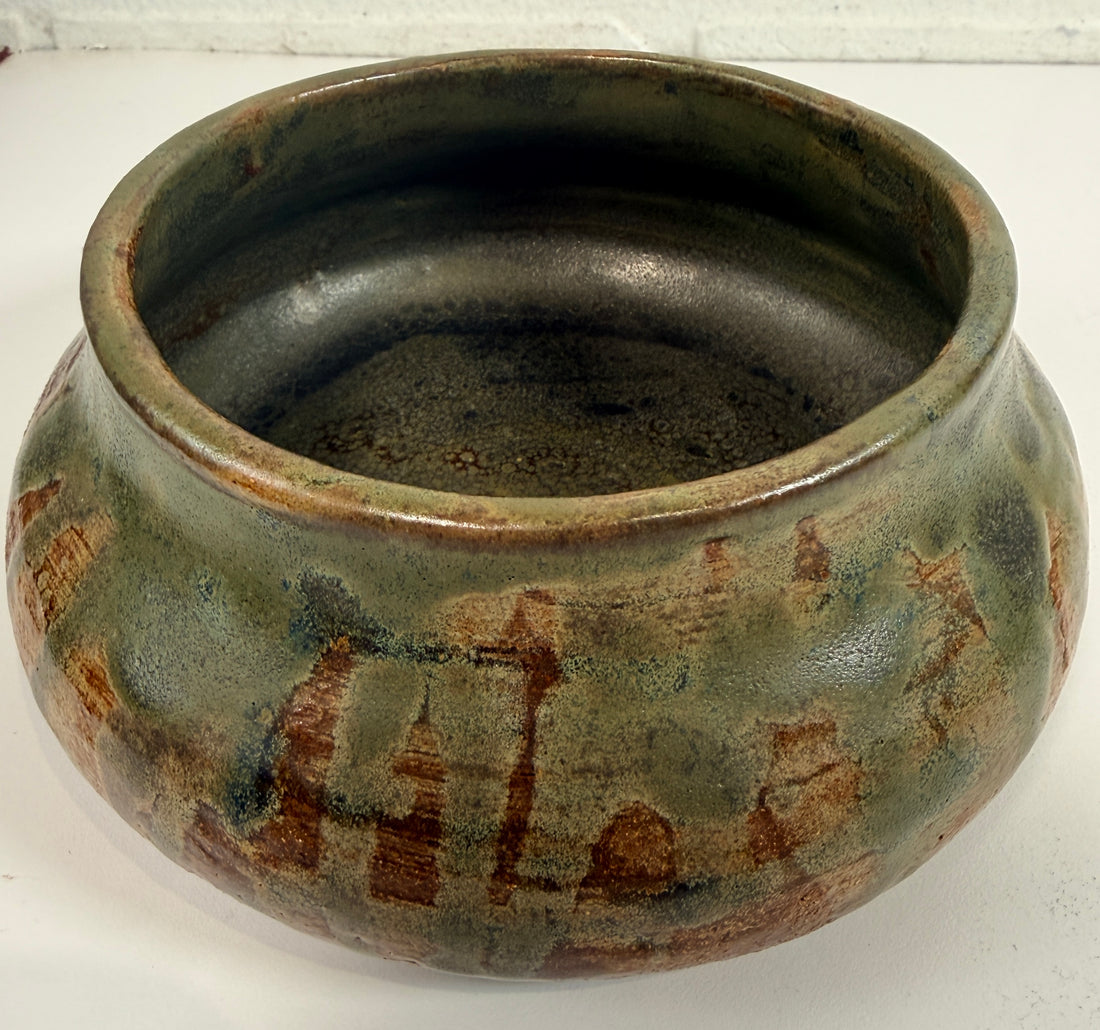 Vintage Yolande Morin studio pottery bowl with olive glaze. Signed handmade Canadian ceramic centerpiece with mid-century style.