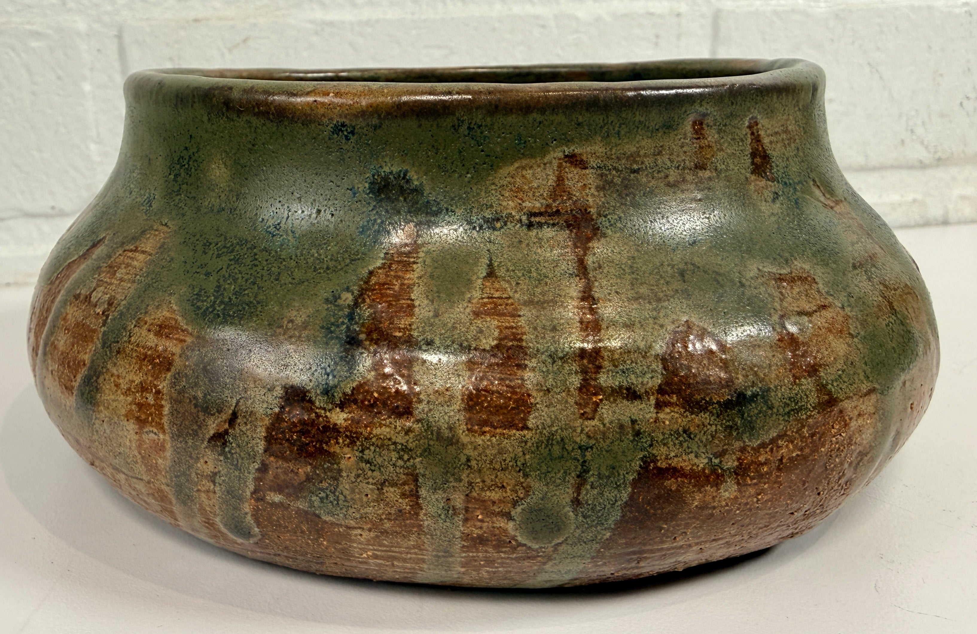 Vintage Yolande Morin studio pottery bowl with olive glaze. Signed handmade Canadian ceramic centerpiece with mid-century style.