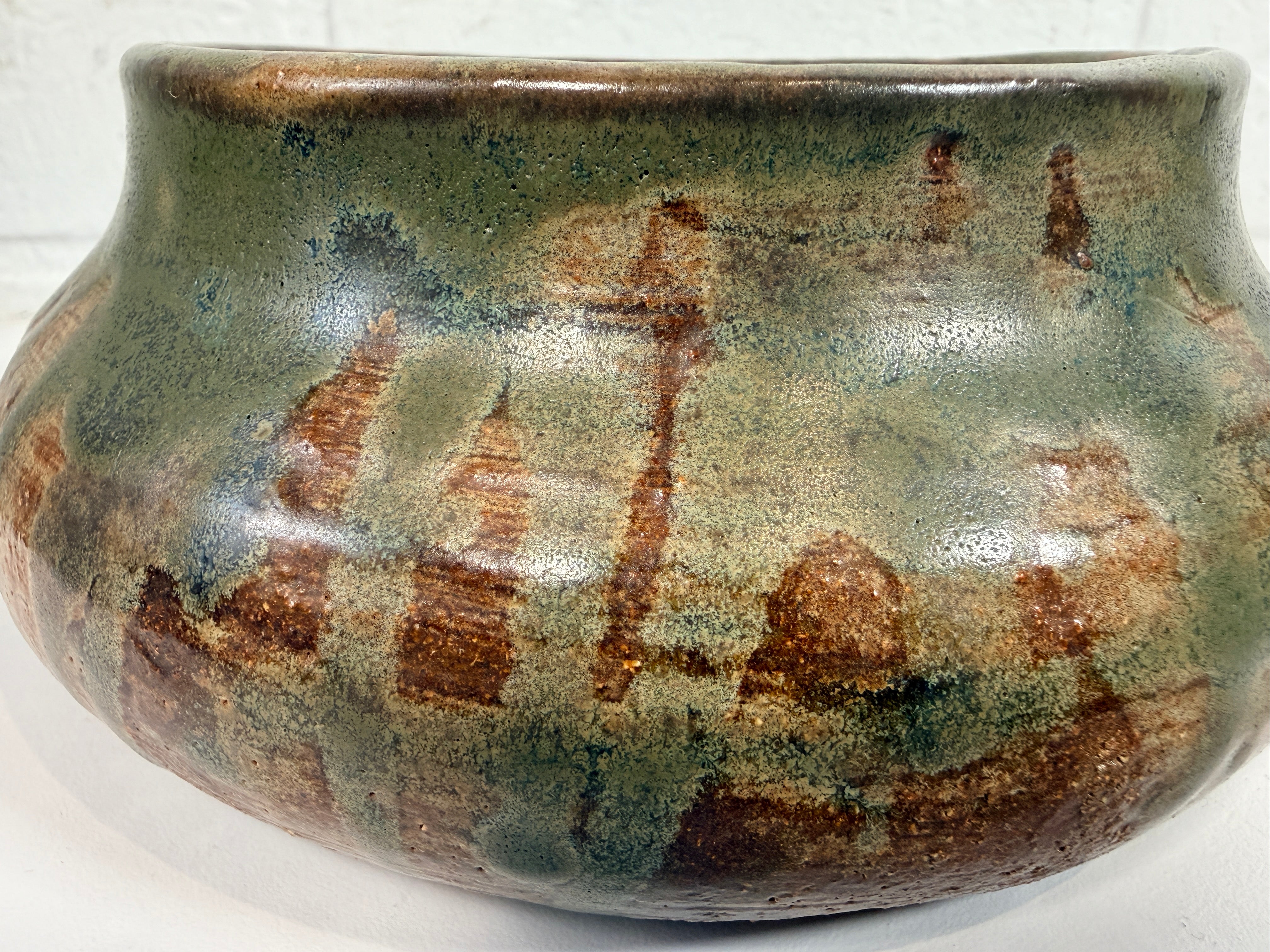 Vintage Yolande Morin studio pottery bowl with olive glaze. Signed handmade Canadian ceramic centerpiece with mid-century style.