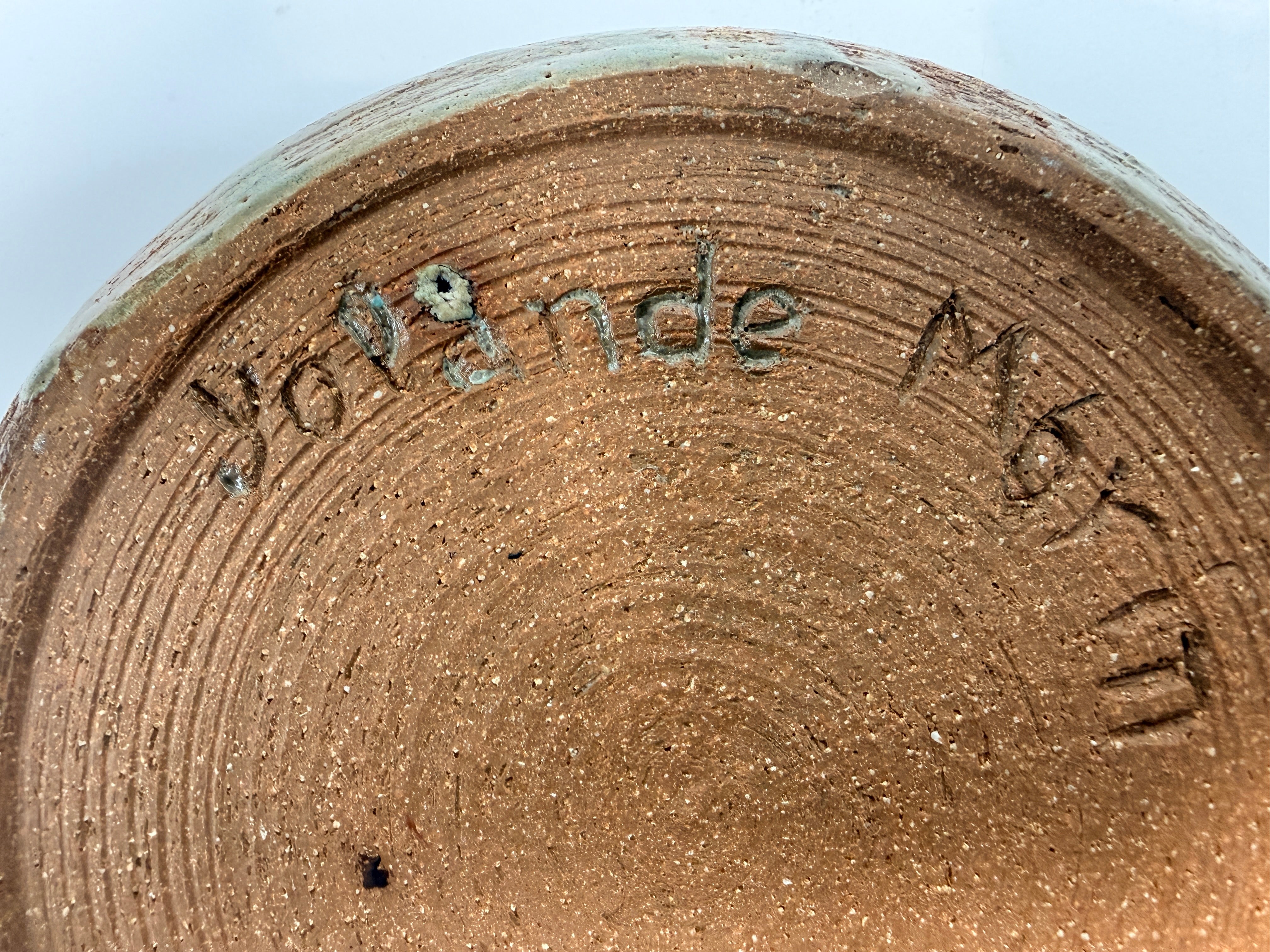 Vintage Yolande Morin studio pottery bowl with olive glaze. Signed handmade Canadian ceramic centerpiece with mid-century style.