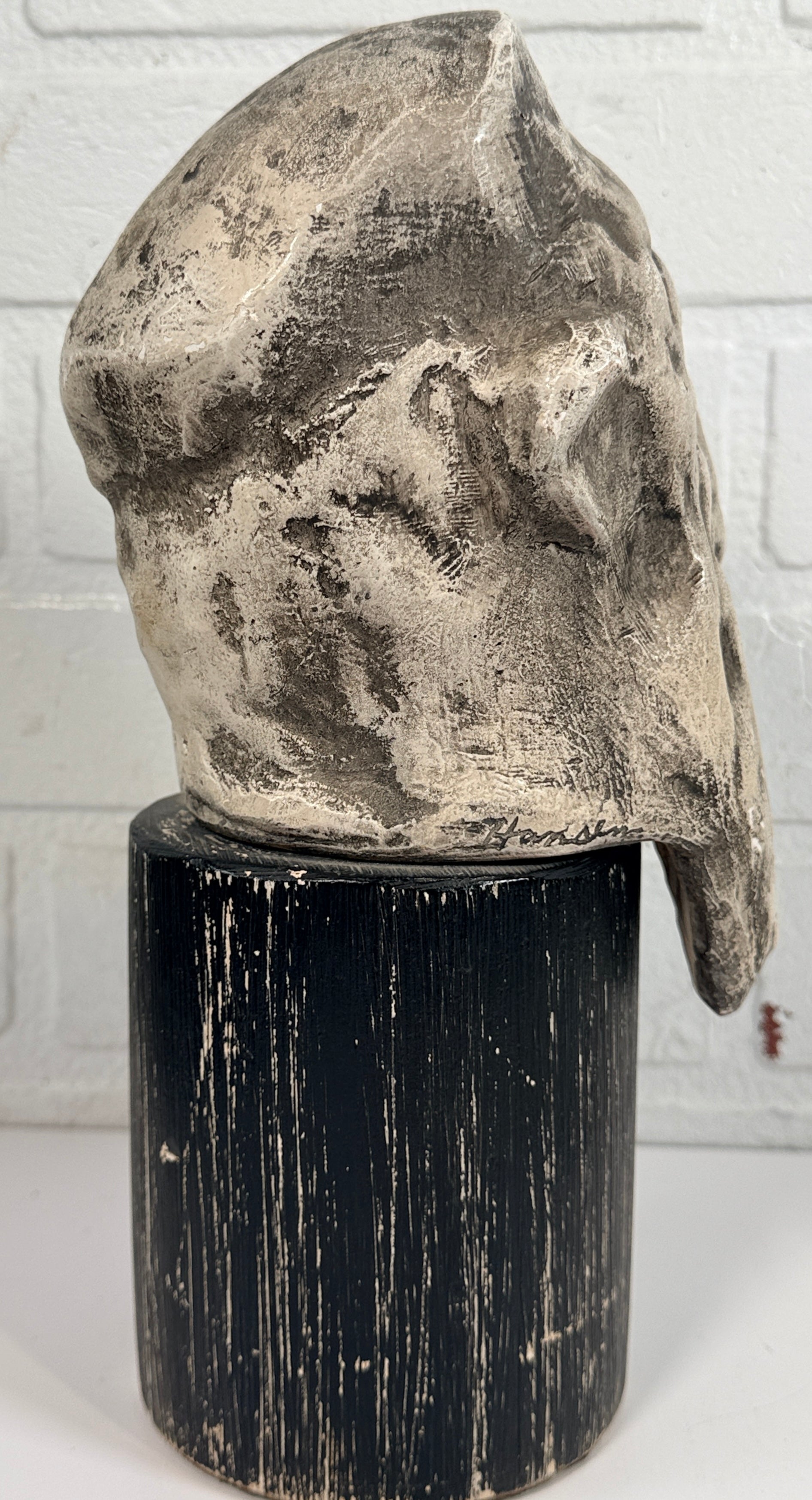 Signed Jack Hanson modernist sculptural bust with brutalist styling and expressive form. Vintage statement art piece for collectors and interior décor.