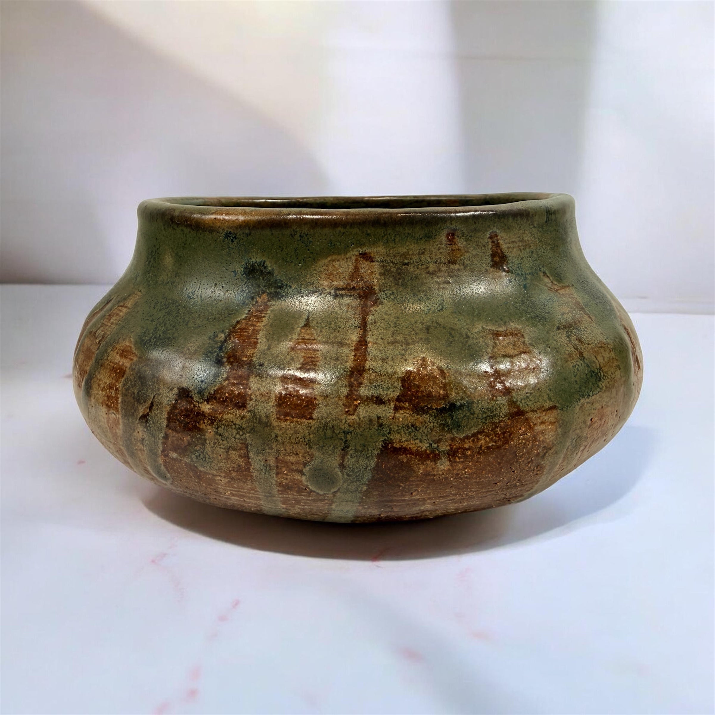 Vintage Yolande Morin studio pottery bowl with olive glaze. Signed handmade Canadian ceramic centerpiece with mid-century style.