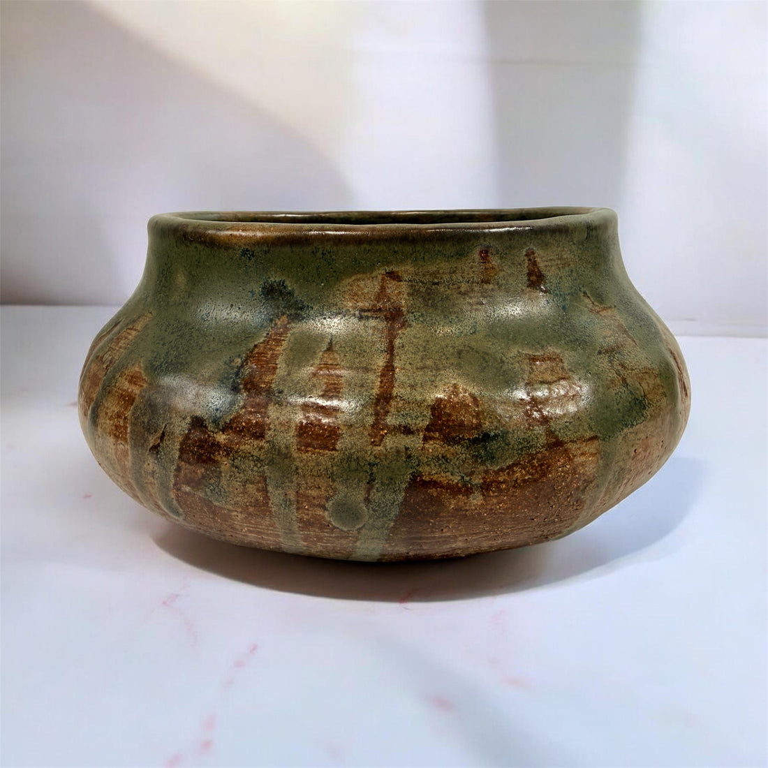 Vintage Yolande Morin studio pottery bowl with olive glaze. Signed handmade Canadian ceramic centerpiece with mid-century style.