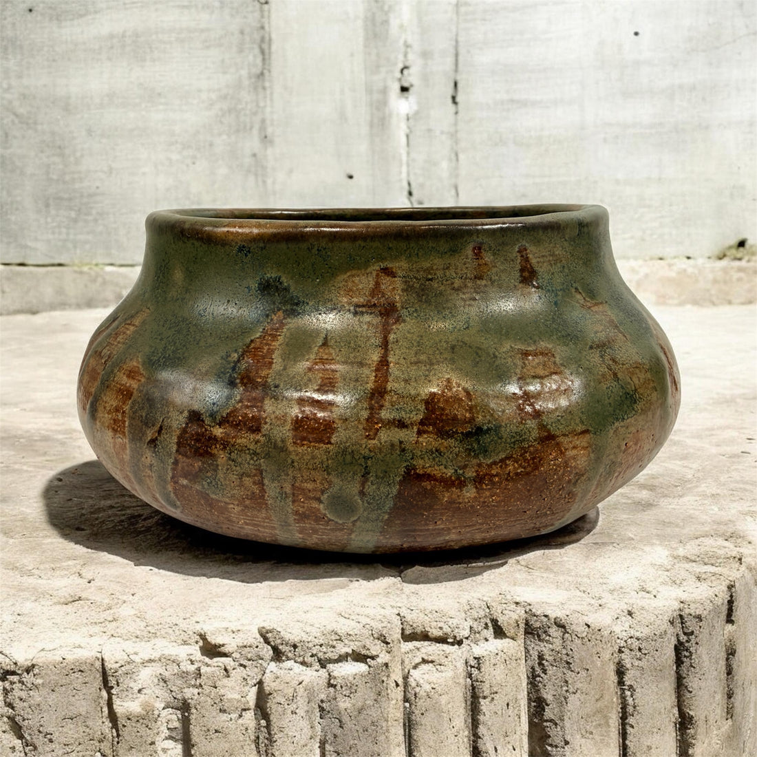 Vintage Yolande Morin studio pottery bowl with olive glaze. Signed handmade Canadian ceramic centerpiece with mid-century style.