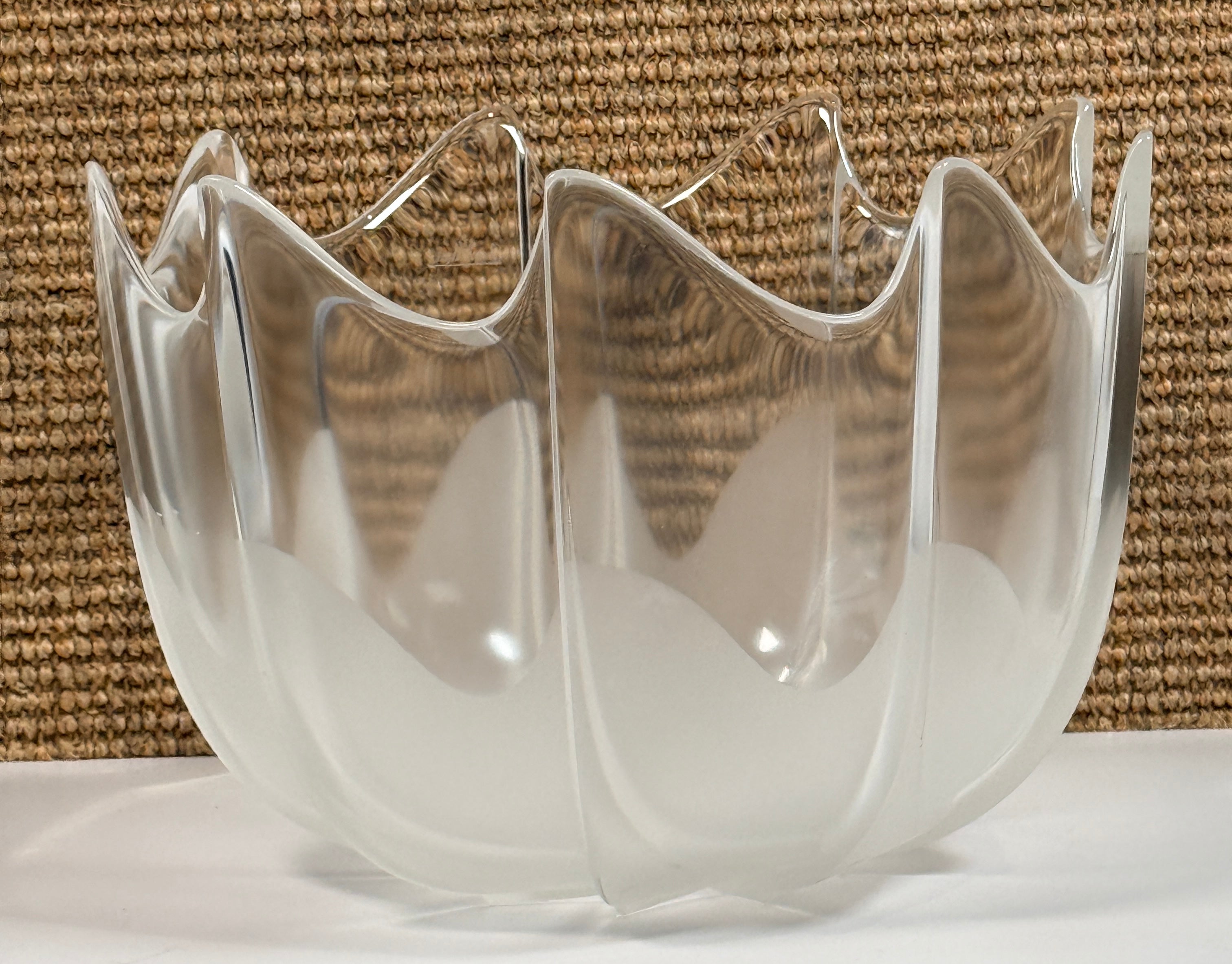 Mid century Rosenthal frosted glass bowl with sculptural scalloped rim. Elegant German art glass centerpiece, perfect for modern or vintage decor displays.